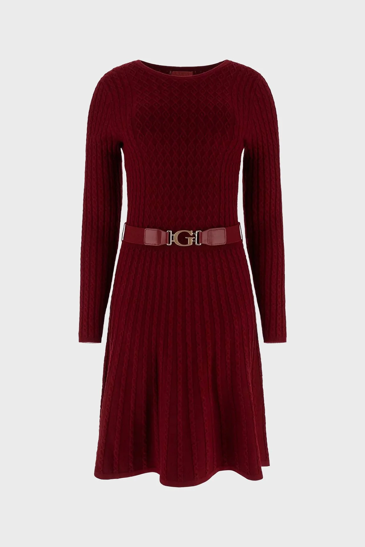 Guess Ls Cn Flare Fit Bisiklet Yaka Kemer Detaylı Mini Triko W5BK68Z2YJ2 Bayan Elbise W5BK68 Z2YJ2 F57F BORDO - 5