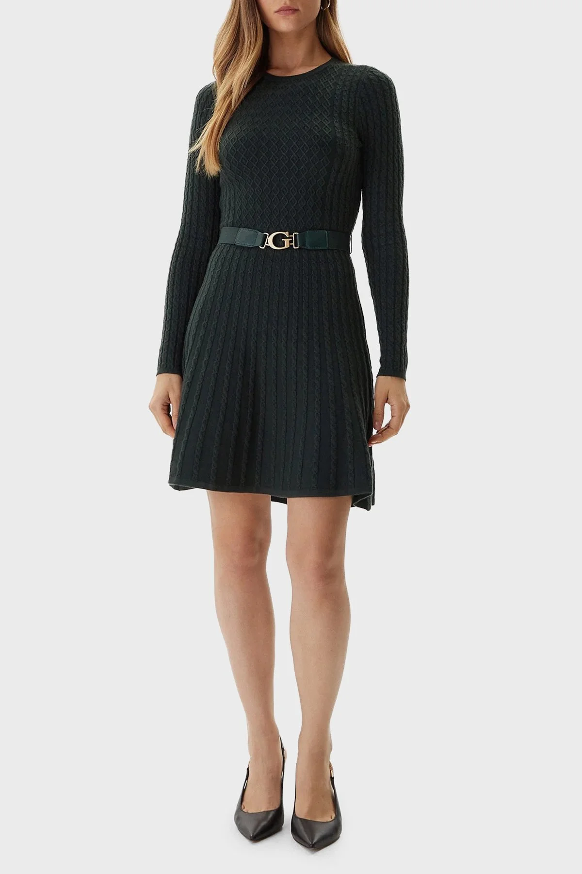 Guess Ls Cn Flare Fit Bisiklet Yaka Kemer Detaylı Mini Triko W5BK68Z2YJ2 Bayan Elbise W5BK68 Z2YJ2 G8H6 HAKİ - 2