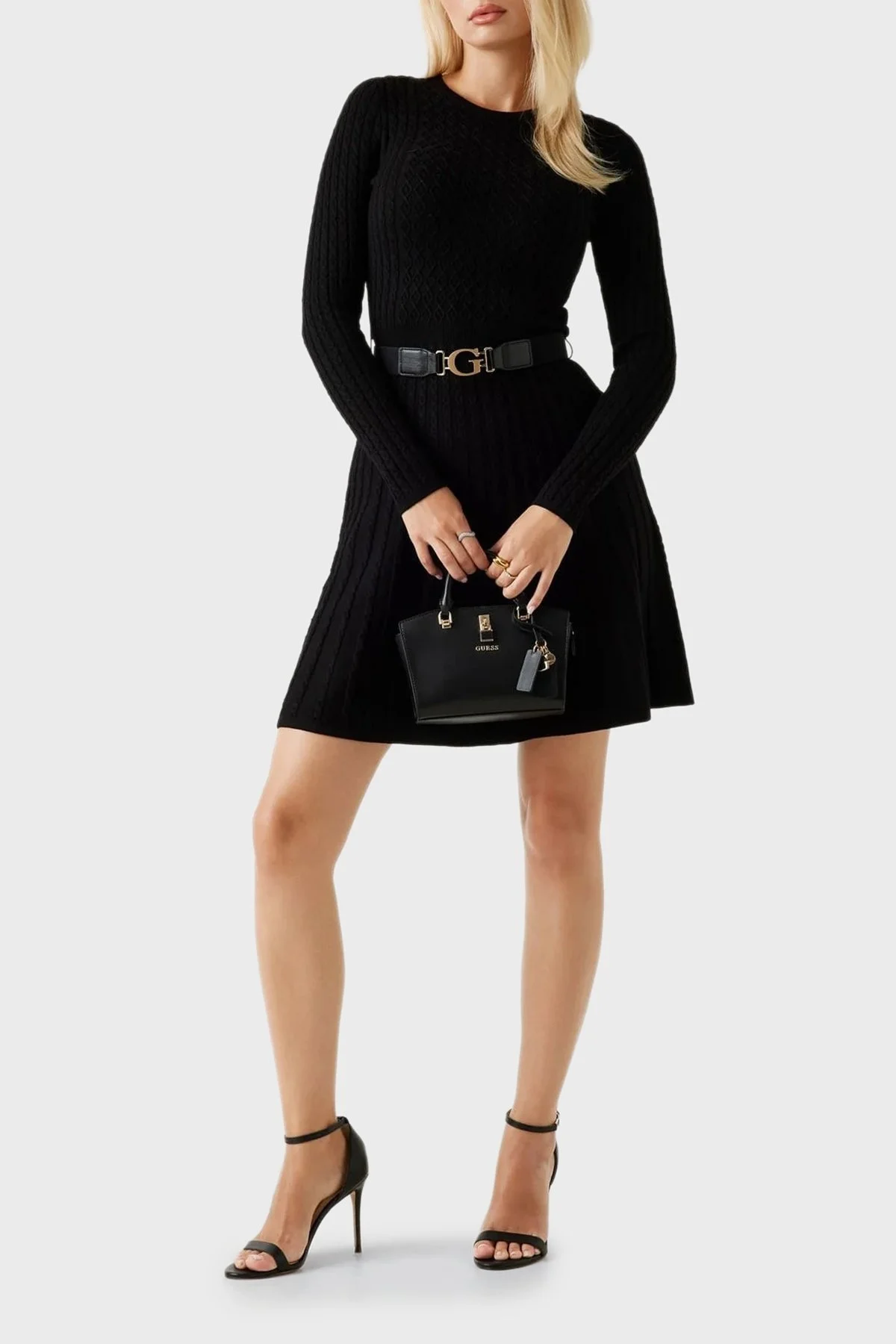 Guess Ls Cn Flare Fit Bisiklet Yaka Kemer Detaylı Mini Triko W5BK68Z2YJ2 Bayan Elbise W5BK68 Z2YJ2 JBLK SİYAH - 2