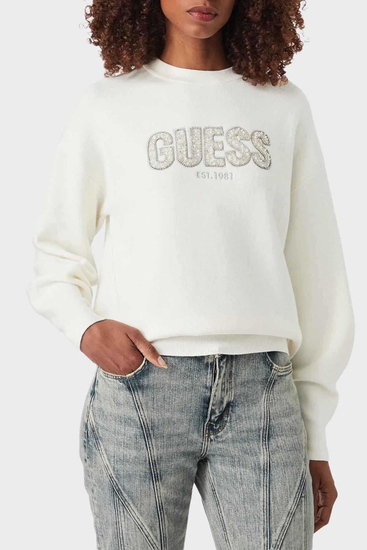 Guess Ls Cn Madeline Logo W6YR30Z0978 Kadın Kazak W6YR30 Z0978 G012 Beyaz - 1