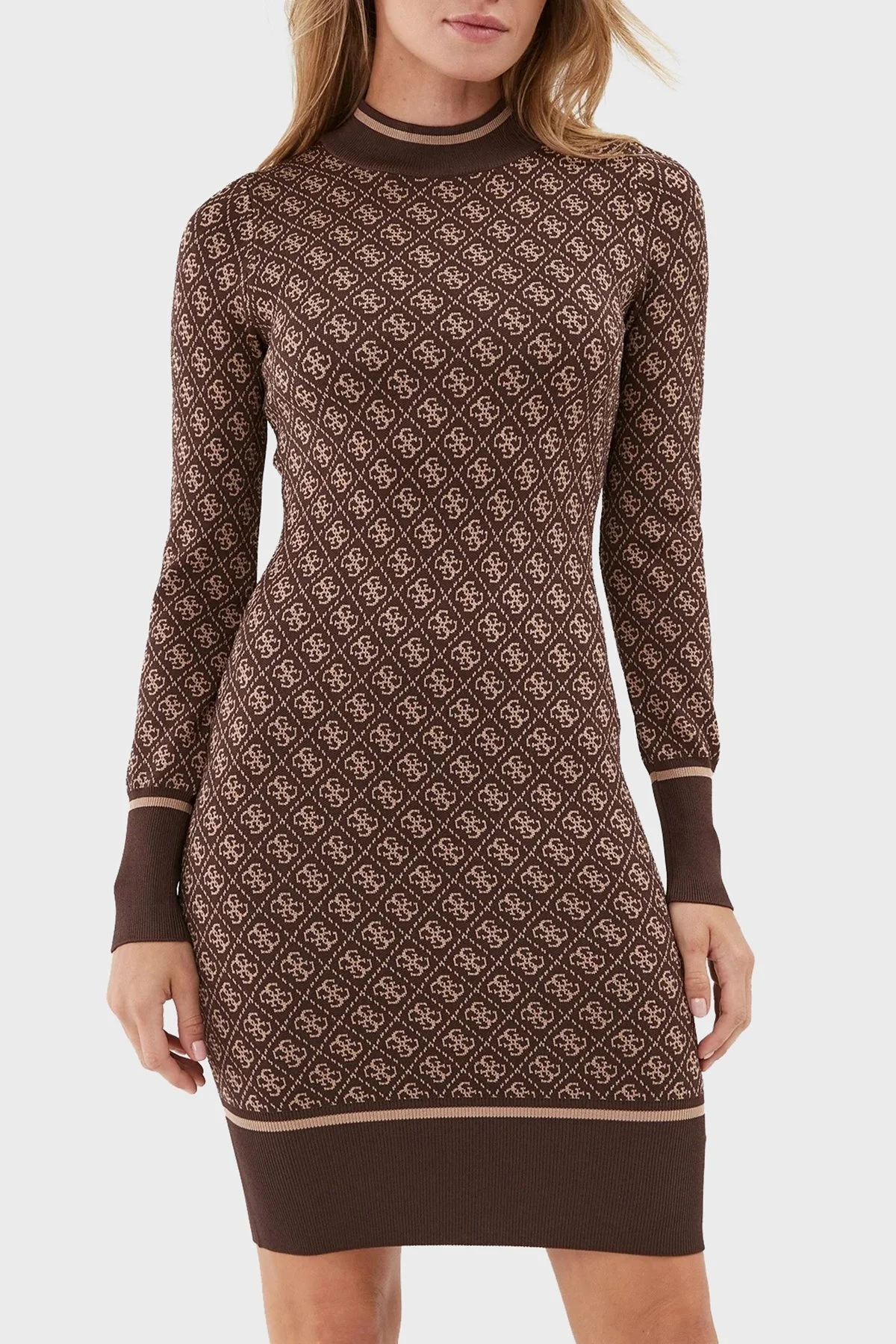 Guess Ls Lise Logolu Bodycon Mini Triko Bayan Elbise W3BK0DZ37K0 F1KM KAHVE - 1