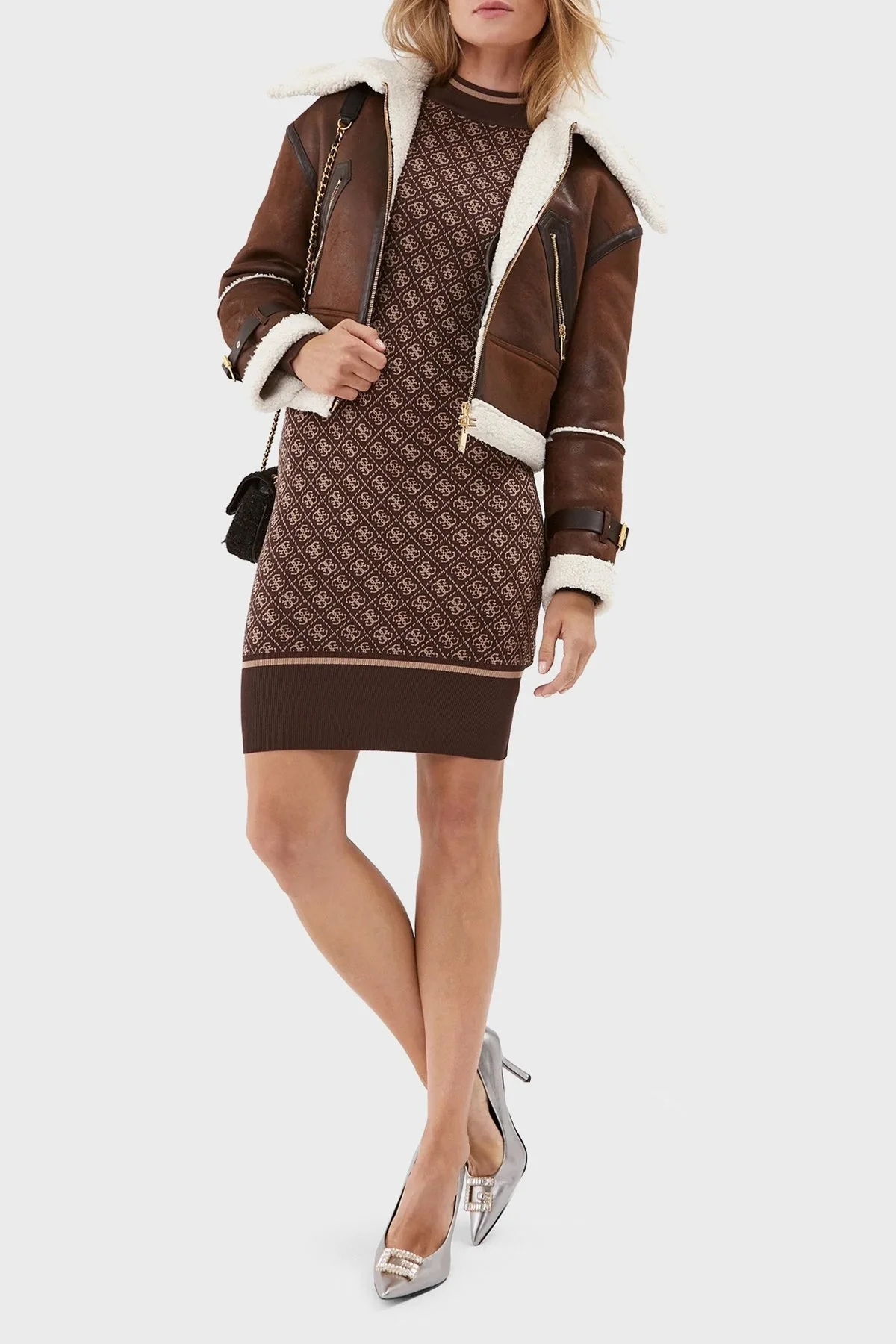 Guess Ls Lise Logolu Bodycon Mini Triko Bayan Elbise W3BK0DZ37K0 F1KM KAHVE - 3