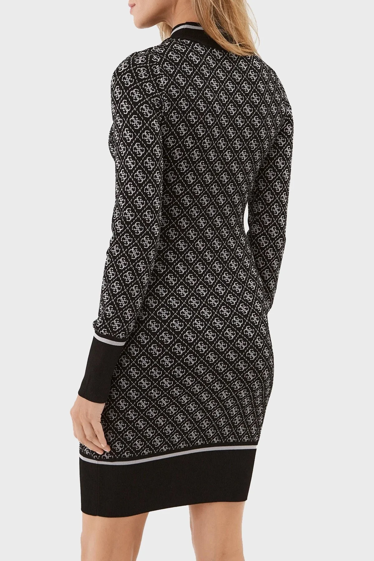 Guess Ls Lise Logolu Bodycon Mini Triko Bayan Elbise W3BK0DZ37K0 FJ2B SİYAH-BEYAZ - 2