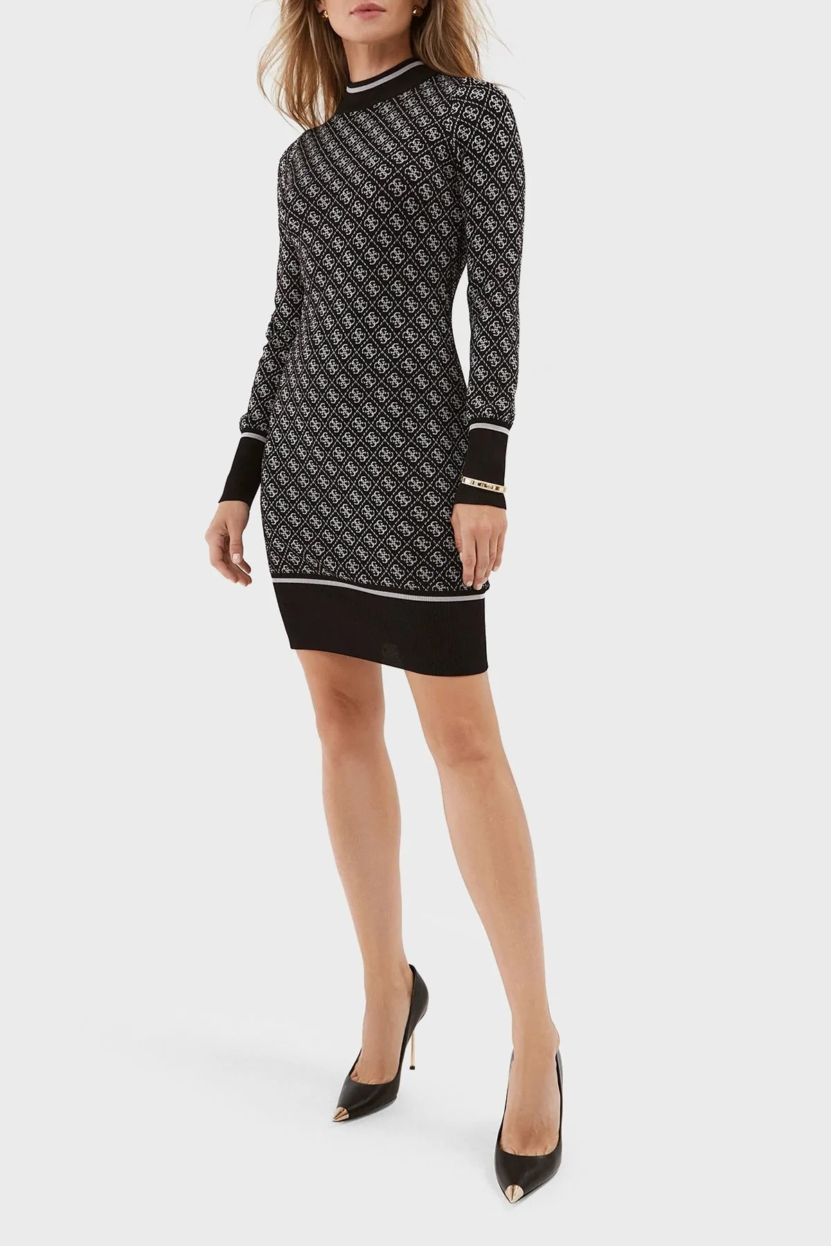 Guess Ls Lise Logolu Bodycon Mini Triko Bayan Elbise W3BK0DZ37K0 FJ2B SİYAH-BEYAZ - 3