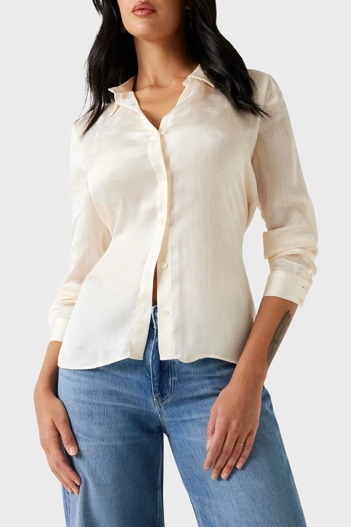 Guess Ls Marthe 4G Logolu Jakarlı Comfort Fit Uzun Kollu W5YH1AWHCR2 Bayan Gömlek W5YH1A WHCR2 G1F7 EKRU - 1