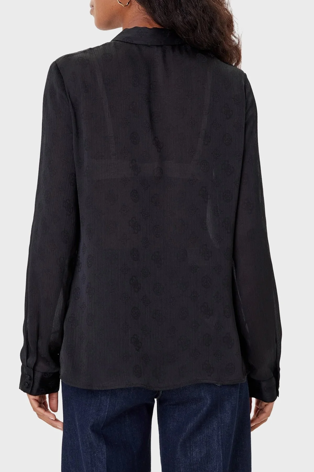 Guess Ls Marthe 4G Logolu Jakarlı Comfort Fit Uzun Kollu W5YH1AWHCR2 Bayan Gömlek W5YH1A WHCR2 JBLK SİYAH - 3