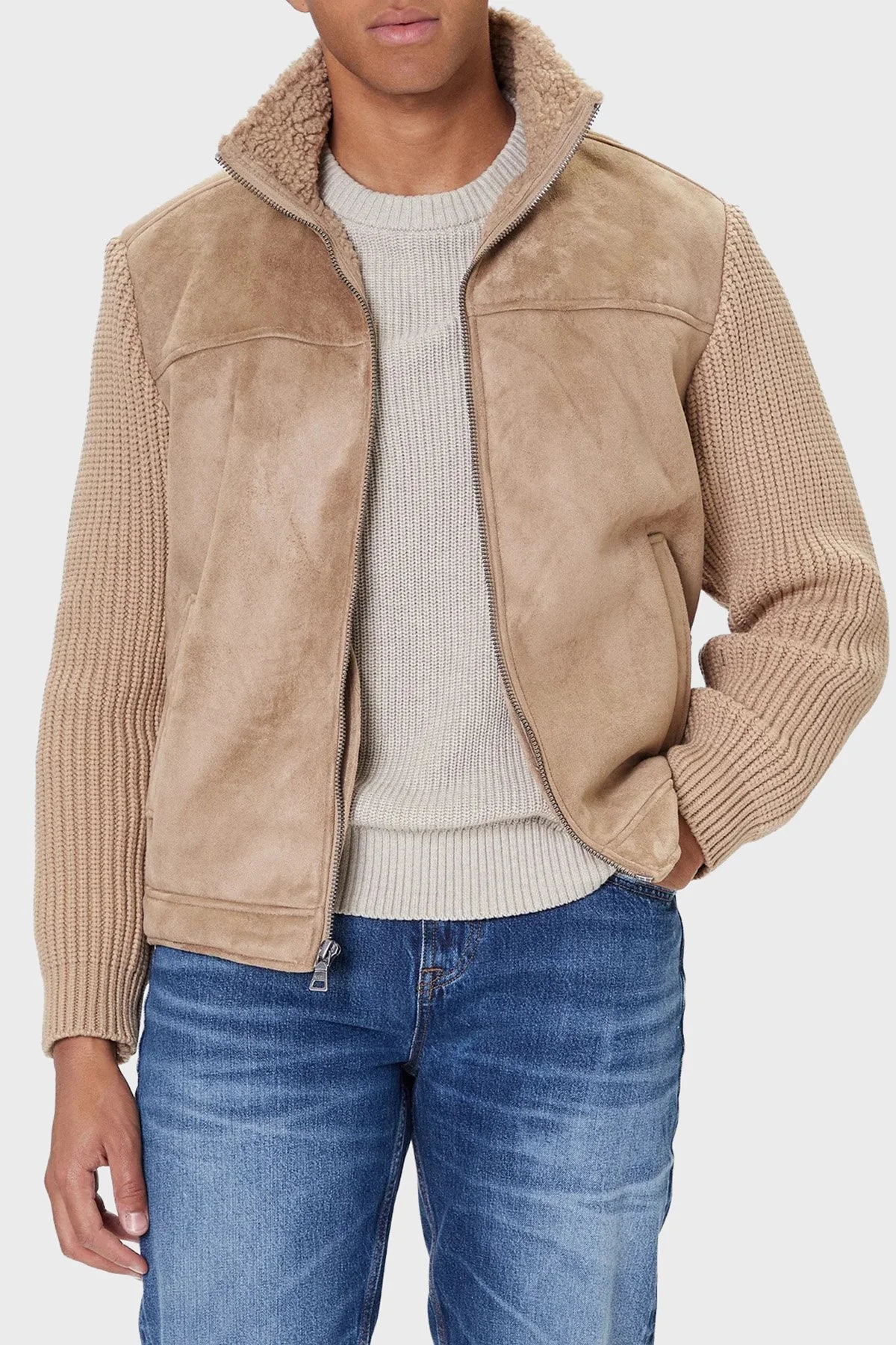 Guess Ls Mn Suede Regular Fit Dik Yaka Örgü Detaylı M5BR79Z5570 Erkek Ceket M5BR79 Z5570 F13Q VİZON - 1