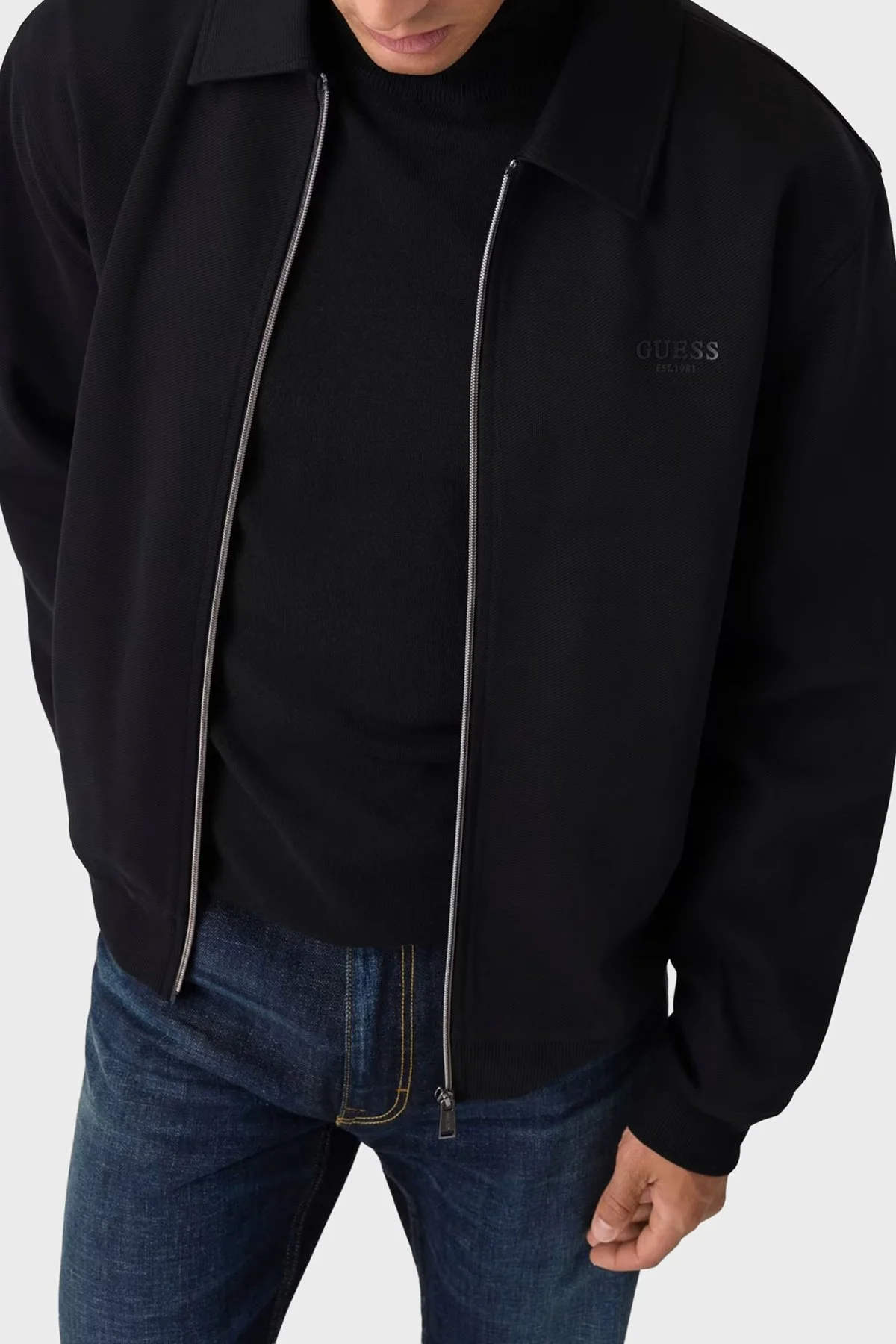 Guess Ls Pamuklu Klasik Yaka Fermuarlı M6BQ24K6164 Erkek Sweat M6BQ24 K6164 JBLK Siyah - 1