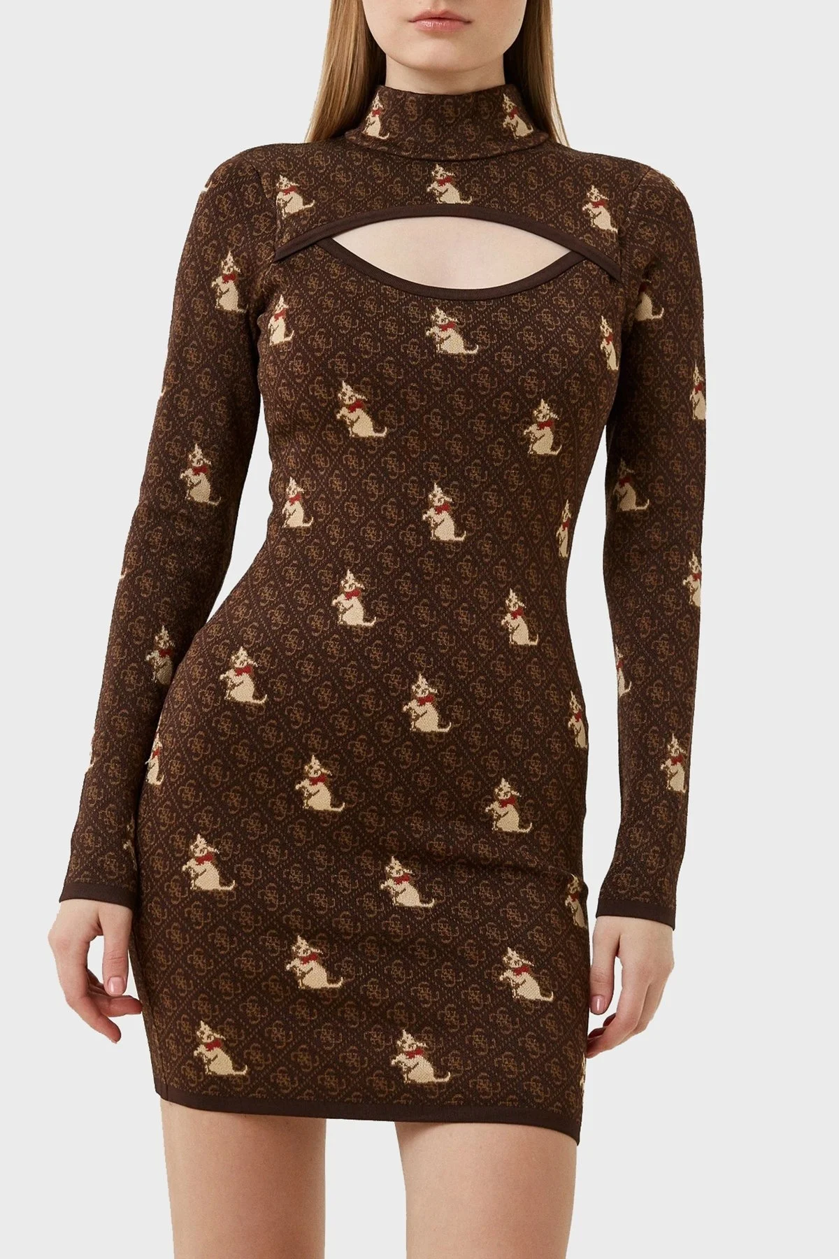 Guess Ls Quattro Bodycon Cut-Out Mini Triko Bayan Elbise W3BK73Z3AN0 P1BS KAHVE - 1
