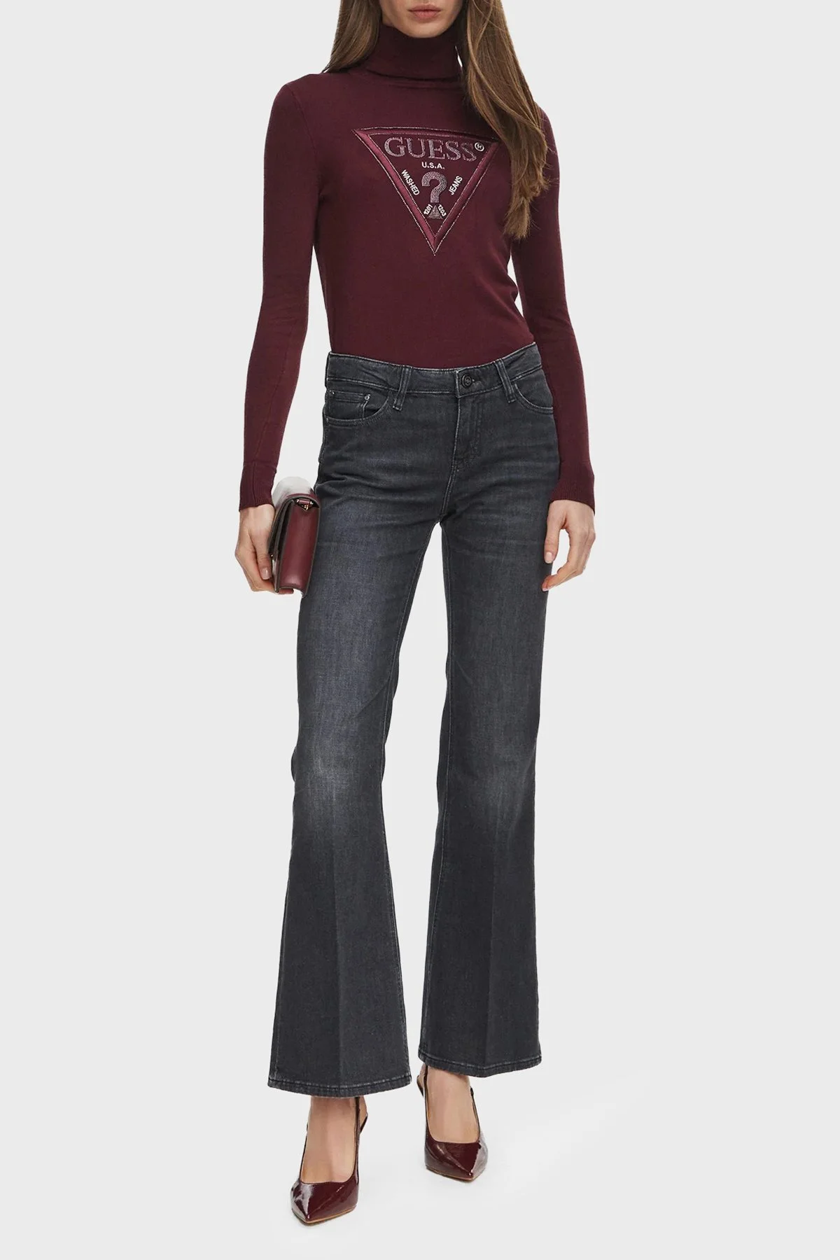 Guess Ls Tn Hallie Triangle Logolu Regular Fit Balıkçı Yaka W6BR54Z1455 Kadın Kazak W6BR54 Z1455 G596 Bordo - 2