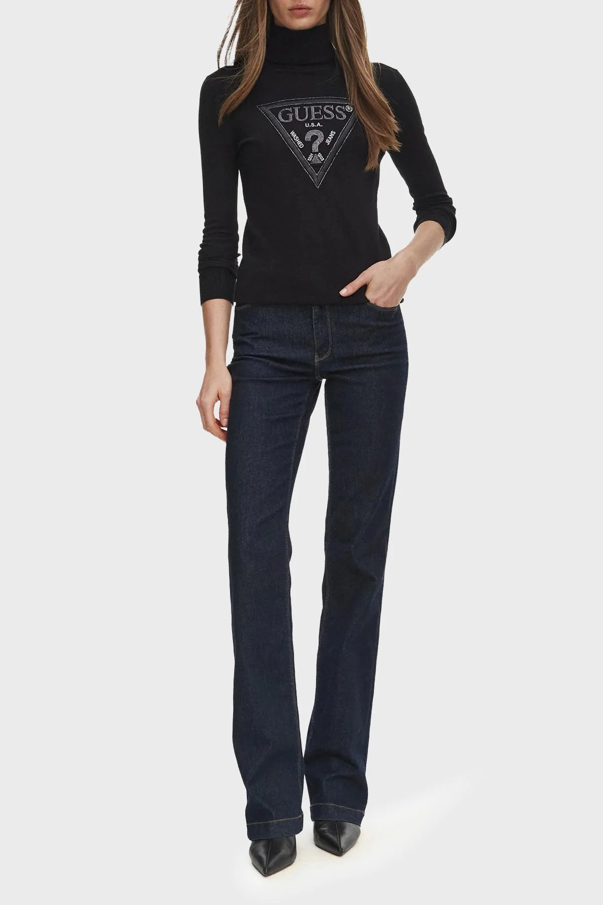 Guess Ls Tn Hallie Triangle Logolu Regular Fit Balıkçı Yaka W6BR54Z1455 Kadın Kazak W6BR54 Z1455 JBLK Siyah - 2