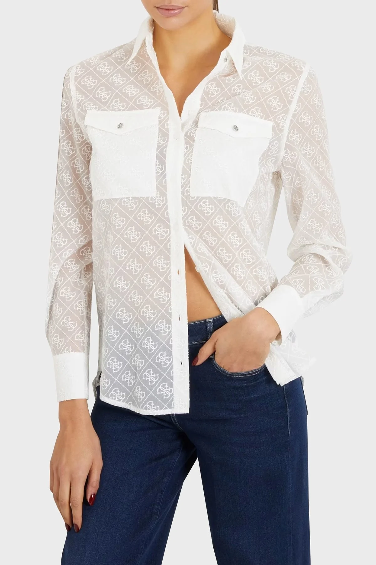 Guess Ls Viola Logo İşlemeli Relaxed Fit Organze W4RH65WFX40G011 Bayan Gömlek W4RH65WFX40 G011 BEYAZ - 1