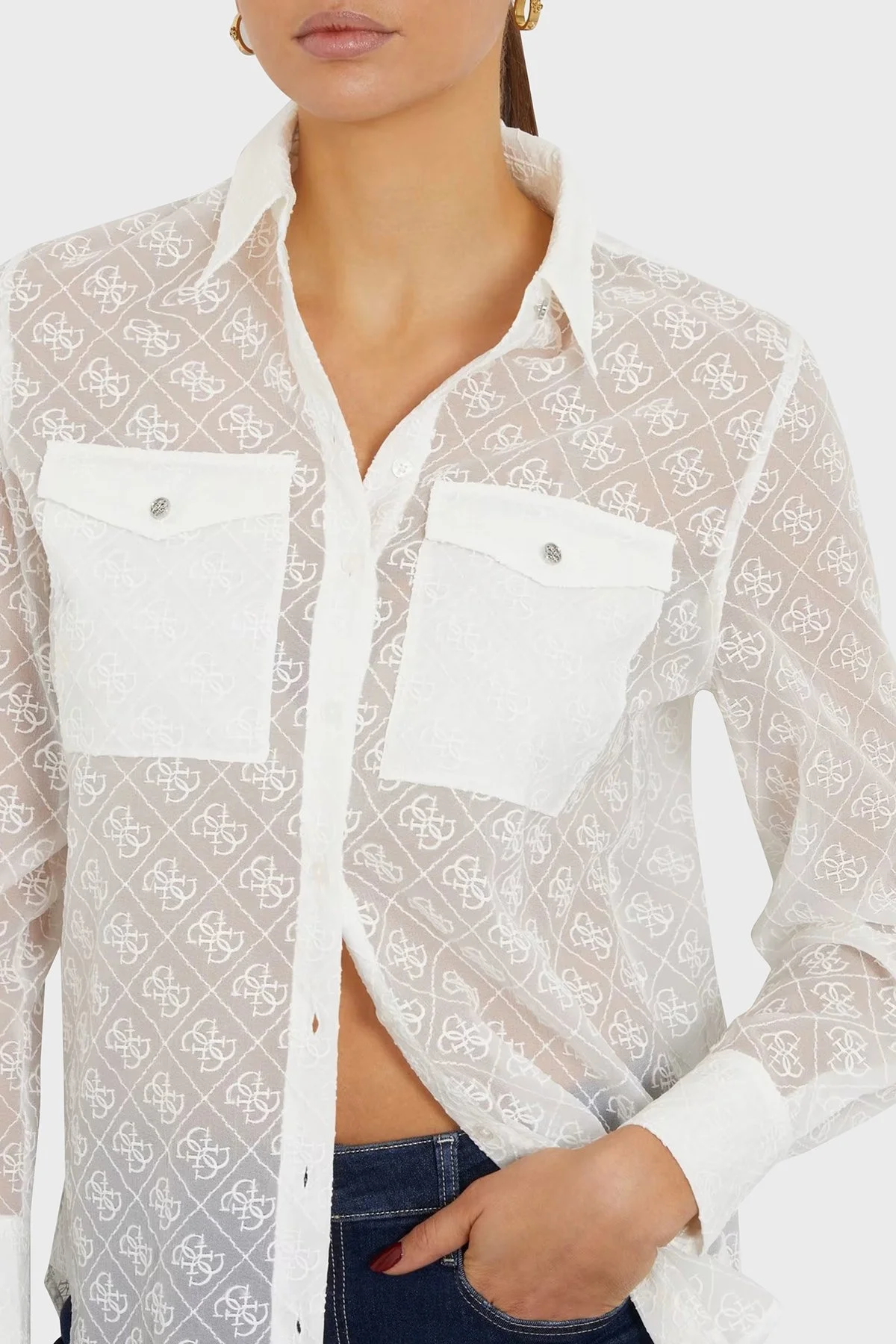 Guess Ls Viola Logo İşlemeli Relaxed Fit Organze W4RH65WFX40G011 Bayan Gömlek W4RH65WFX40 G011 BEYAZ - 3