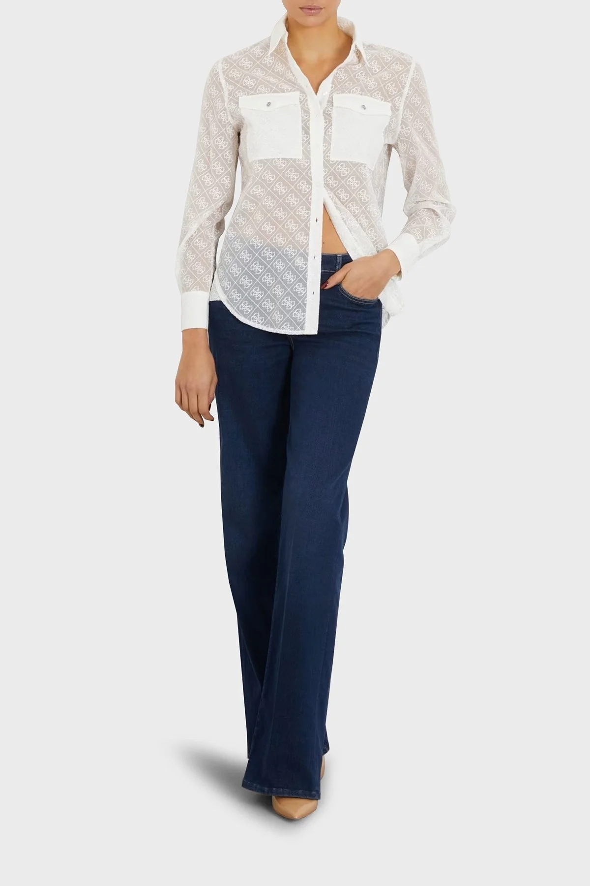 Guess Ls Viola Logo İşlemeli Relaxed Fit Organze W4RH65WFX40G011 Bayan Gömlek W4RH65WFX40 G011 BEYAZ - 4