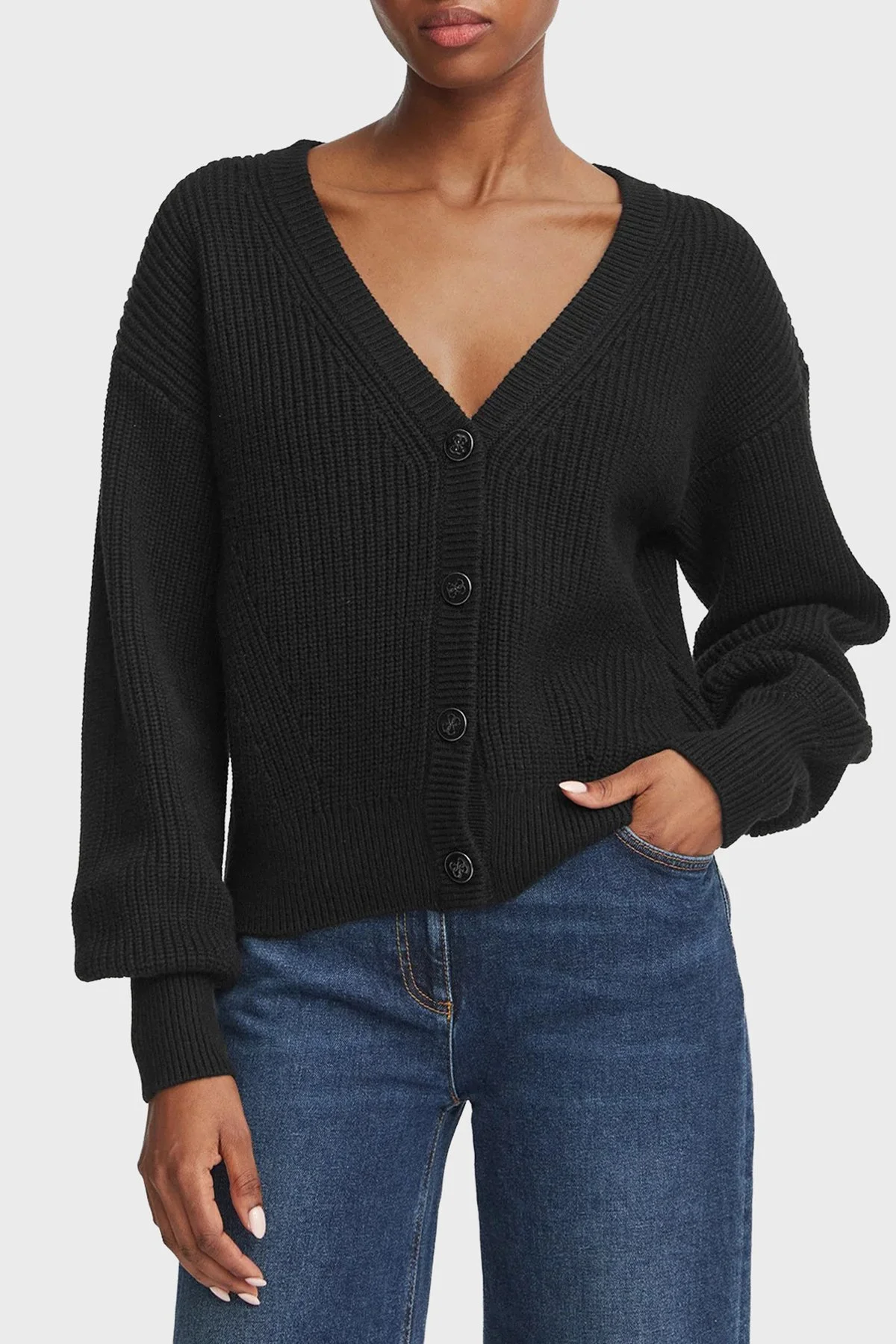 Guess Ls Vn Faith Cardi Pamuklu V Yaka Düğmeli W6BR28Z1410 Kadın Kazak W6BR28 Z1410 JBLK Siyah - 1