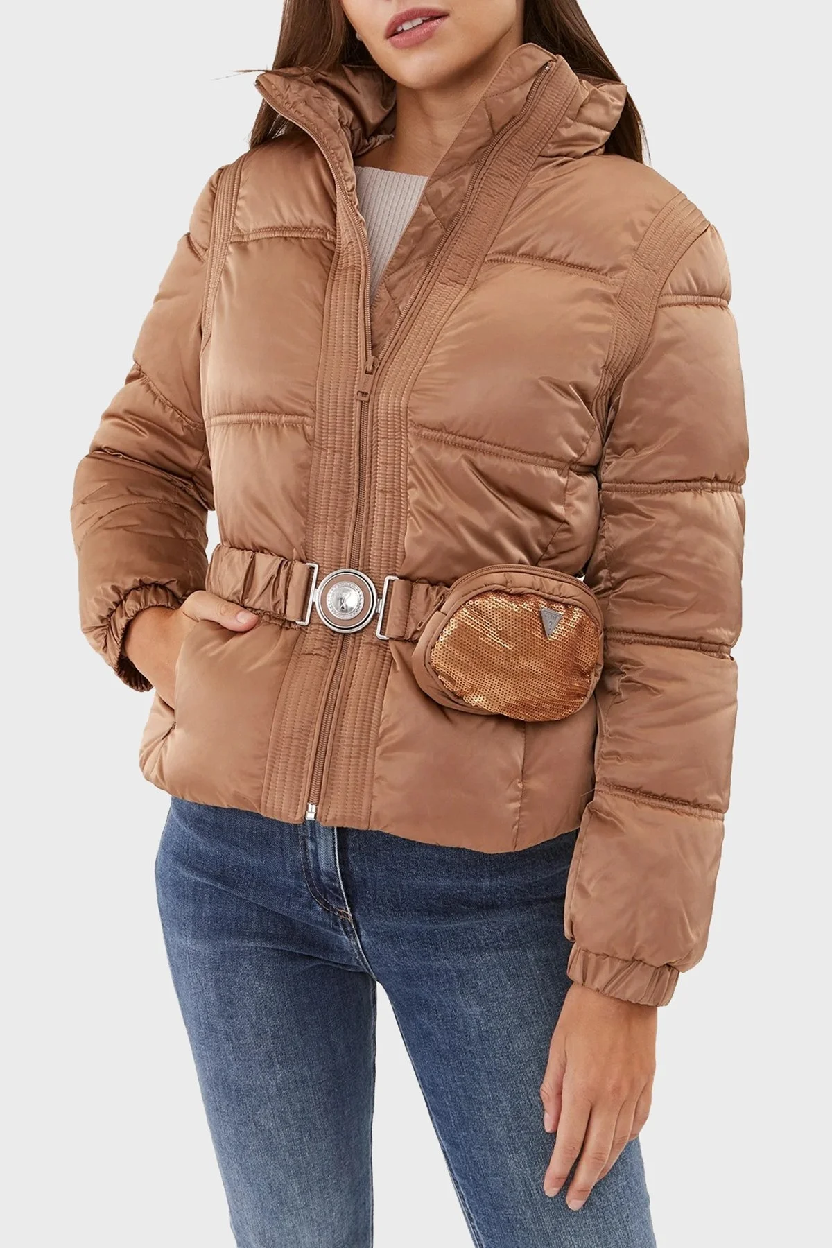 Guess Lucia Suya Dayanıklı Bel Çantalı Saten Bayan Mont W3BL19WEX12 F1AZ BEJ - 1