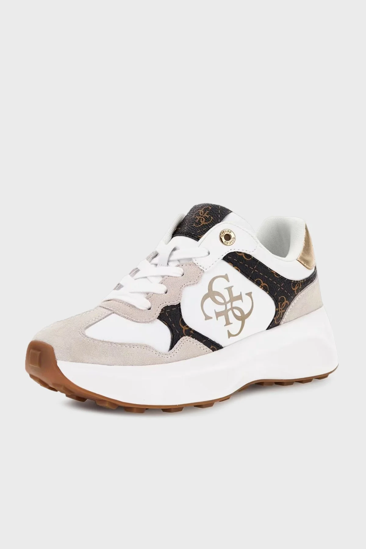 Guess Luckei 4G Logolu Süet Detaylı Sneaker FLPLUCPEL12 Kadın Ayakkabı FLPLUC PEL12 WHIBR BEYAZ-KAHVE - 1