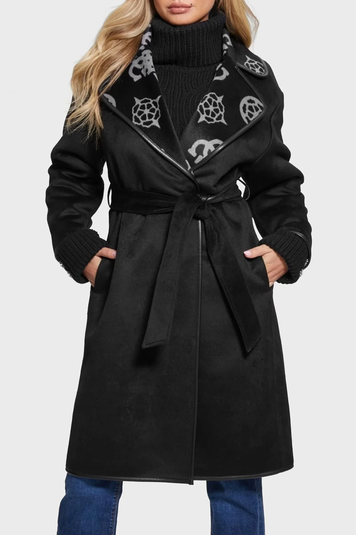 Guess Ludovica Yün Karışımlı Oversize Kemerli Bayan Kaban W3BL18WFQT0 FJ1T SİYAH - 1