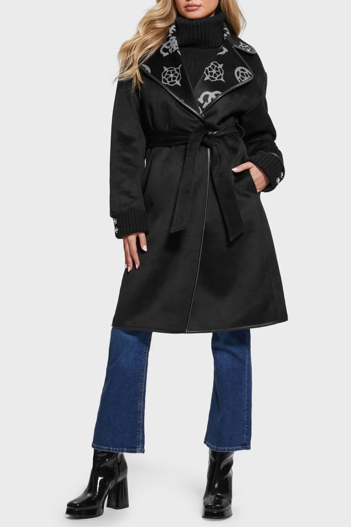 Guess Ludovica Yün Karışımlı Oversize Kemerli Bayan Kaban W3BL18WFQT0 FJ1T SİYAH - 3