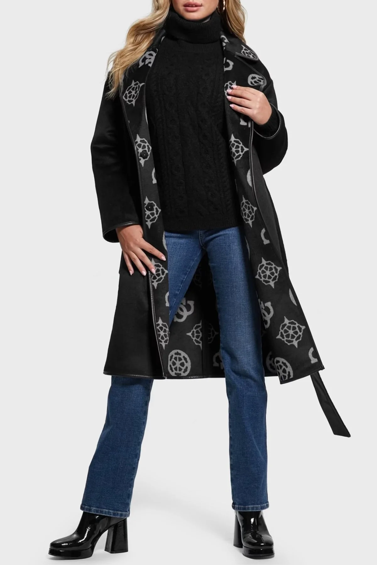 Guess Ludovica Yün Karışımlı Oversize Kemerli Bayan Kaban W3BL18WFQT0 FJ1T SİYAH - 4