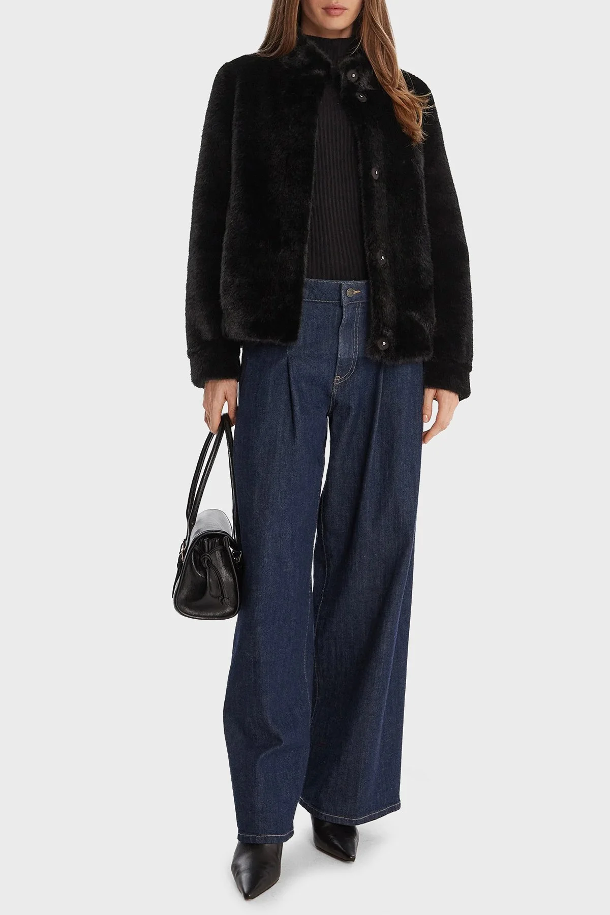 Guess Luna Regular Fit Dik Yaka Suni Kürk W5BL64W3920 Bayan Mont W5BL64 W3920 JBLK SİYAH - 2