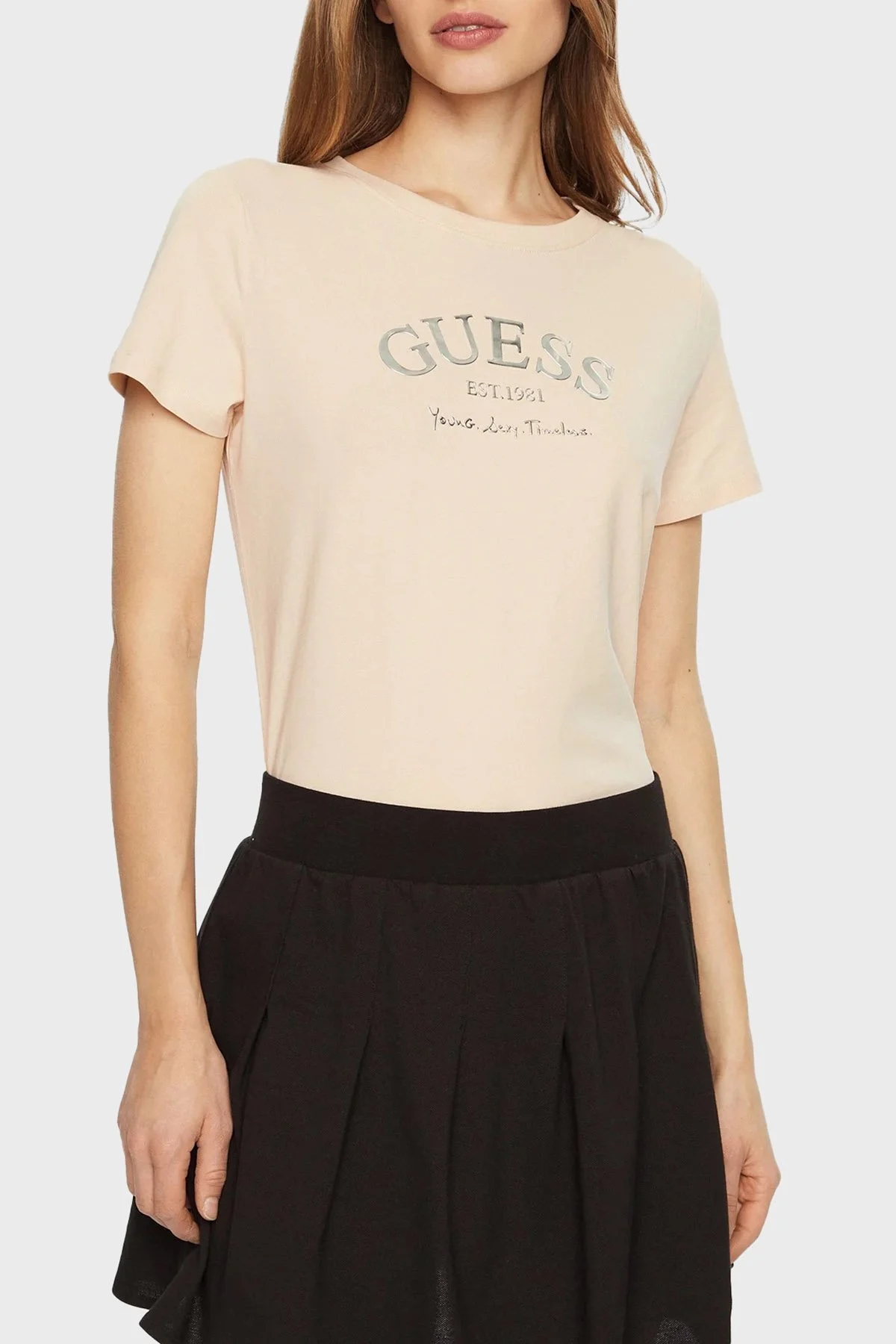 Guess Margot Pamuklu Regular Fit Bisiklet Yaka Logolu V5RI16J1314 Bayan T Shirt V5RI16 J1314 A13W BEJ - 6