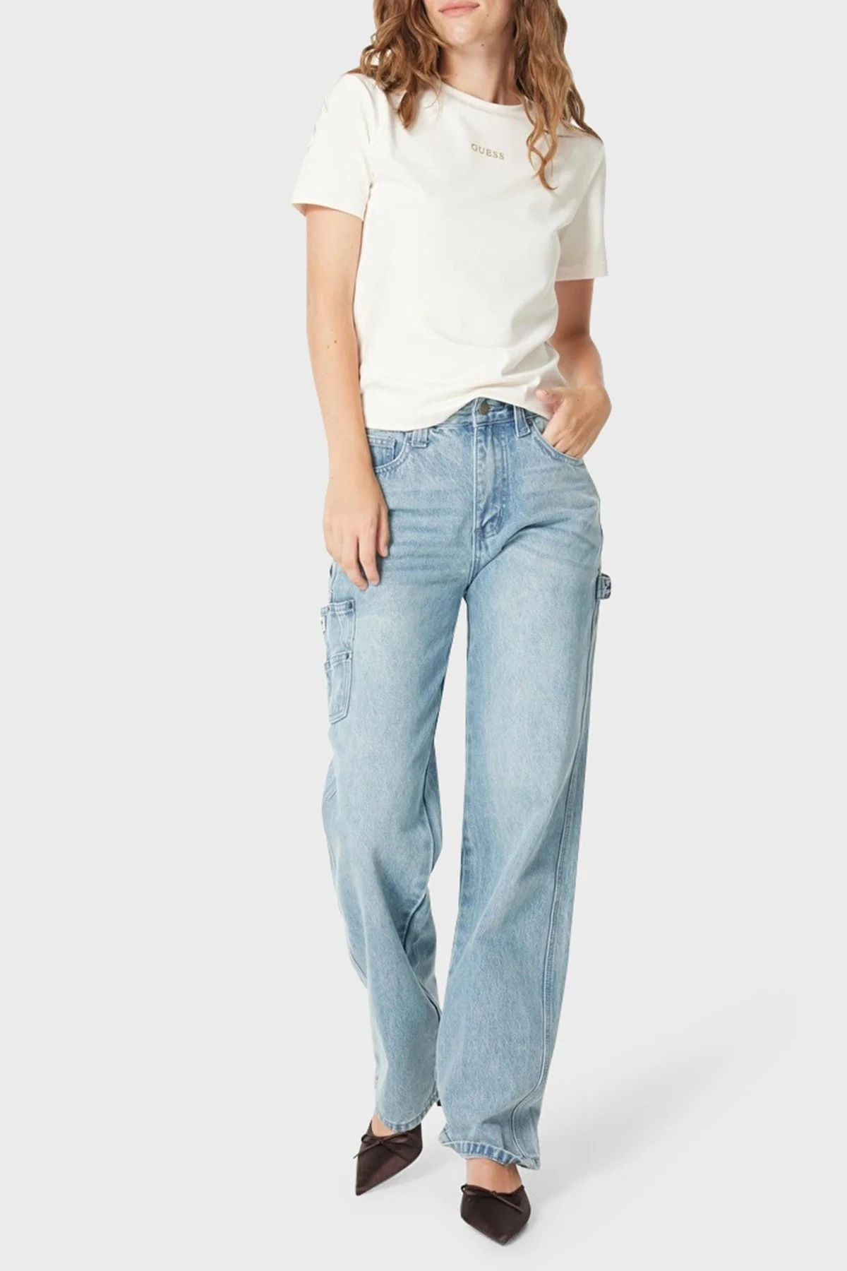 Guess Marika Pamuklu Logolu Regular Fit Bisiklet Yaka V4YI22KCD02 Bayan T Shirt V4YI22 KCD02 G6K5 EKRU - 2