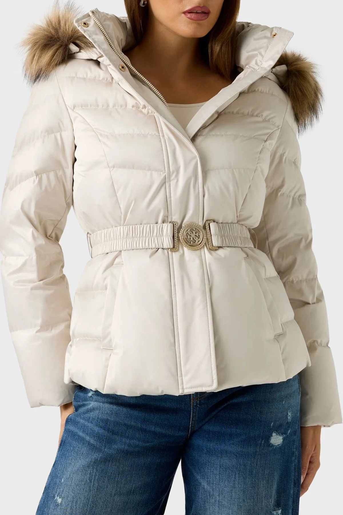 Guess Marina Regular Fit Çıkarılabilir Kapüşonlu Kemerli W5BL31W2802 Bayan Mont W5BL31 W2802 A115 BEJ - 8