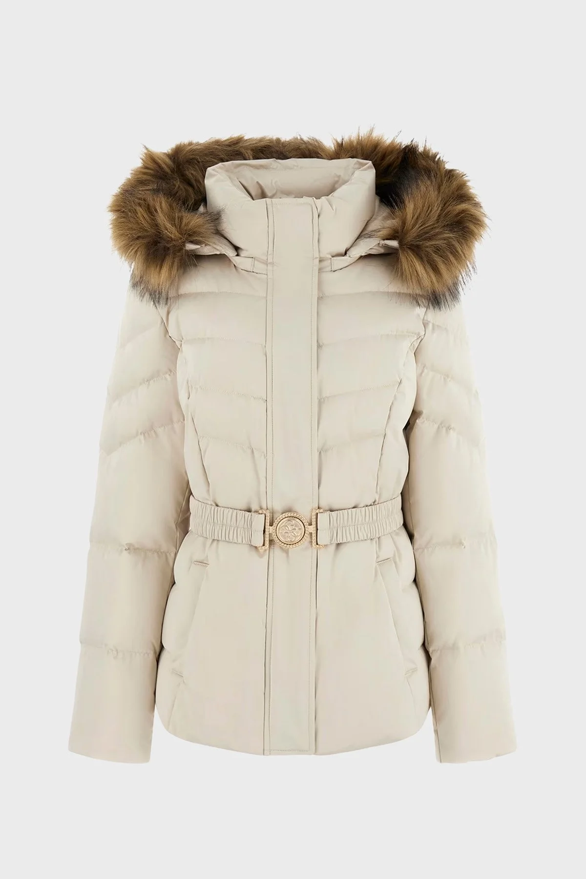 Guess Marina Regular Fit Çıkarılabilir Kapüşonlu Kemerli W5BL31W2802 Bayan Mont W5BL31 W2802 A115 BEJ - 14