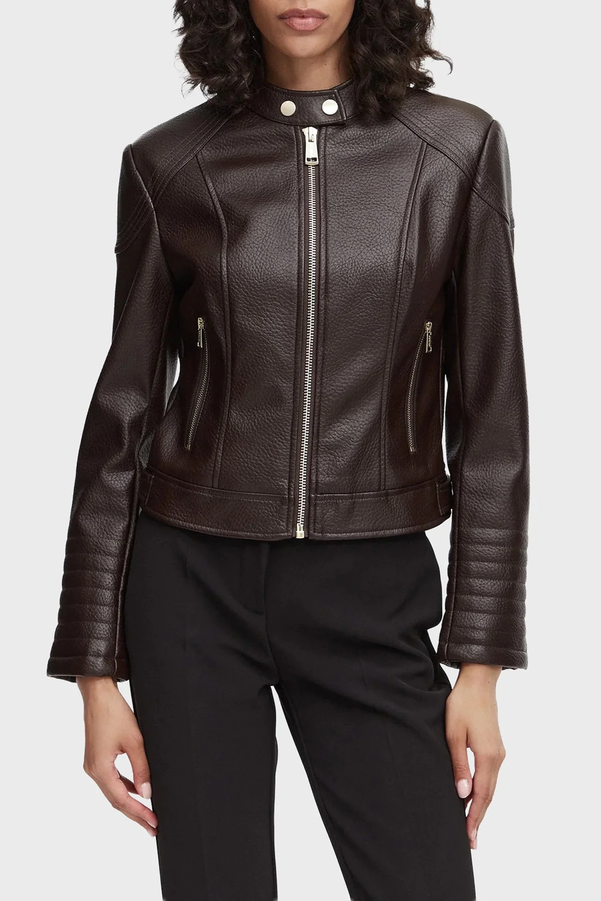 Guess Marlene Regular Fit Dik Yaka W6YL25W2914 Kadın Deri Ceket W6YL25 W2914 A14Z Koyu kahve - 1