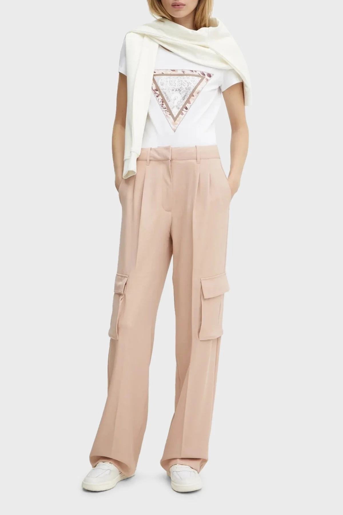 Guess Matea Regular Fit Yüksek Bel Bol Paça Kargo W5RB41WGX02 Bayan Pantolon W5RB41 WGX02 F6K9 PUDRA - 7