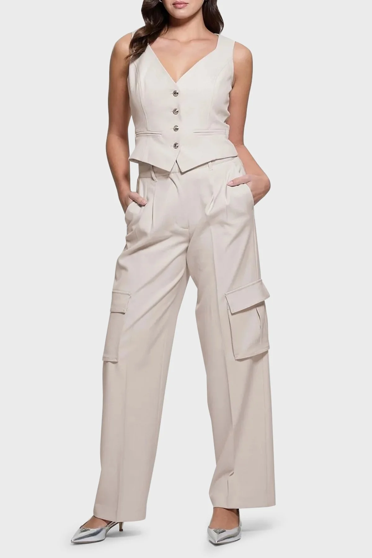 Guess Matea Regular Fit Yüksek Bel Bol Paça Kargo W5RB41WGX02 Bayan Pantolon W5RB41 WGX02 F9AW BEJ - 7