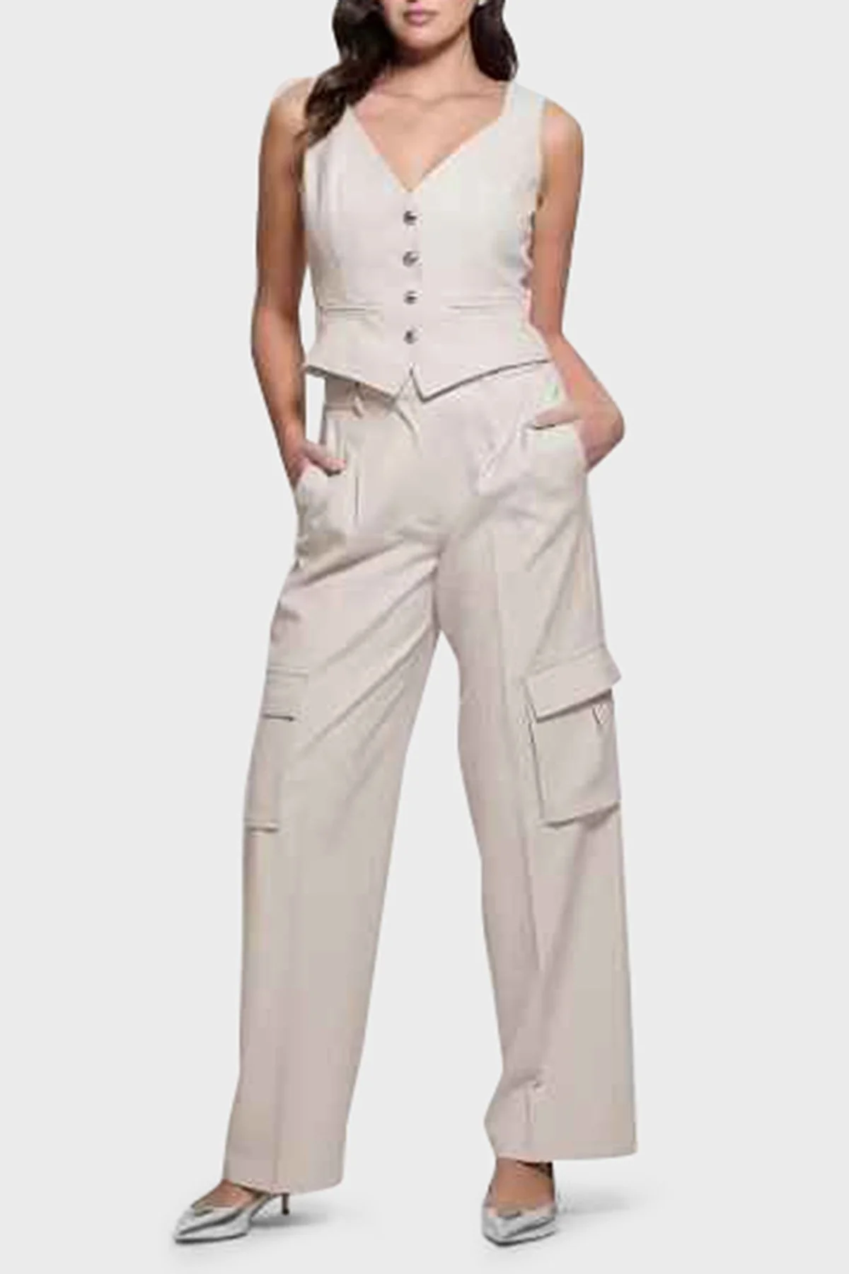 Guess Matea Regular Fit Yüksek Bel Bol Paça Kargo W5RB41WGX02 Bayan Pantolon W5RB41 WGX02 F9AW BEJ - 10