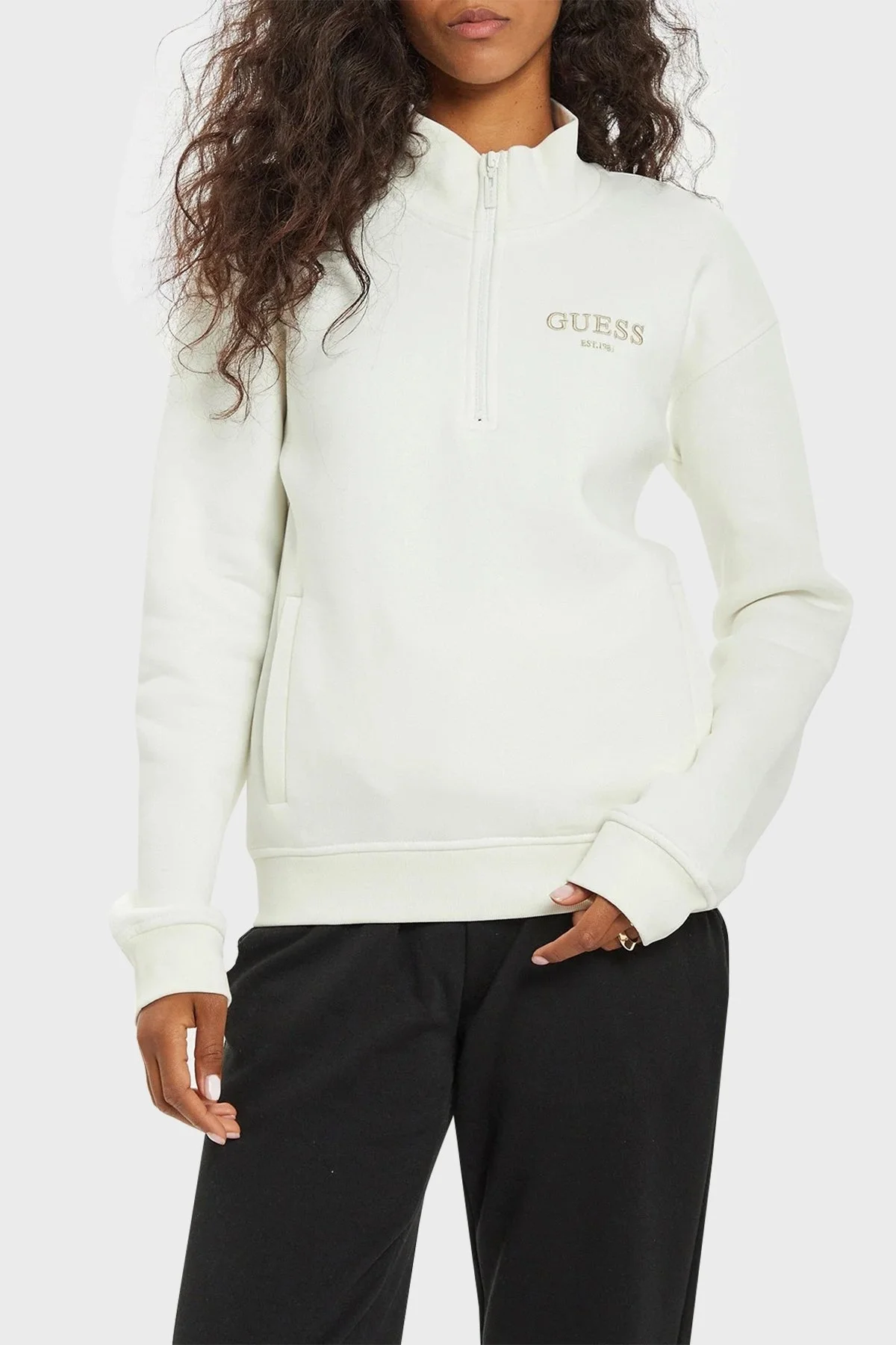 Guess Midge Pamuklu Regular Fit Fermuarlı Dik Yaka V4BQ18KCHX0 Bayan Sweat V4BQ18 KCHX0 G042 EKRU - 5