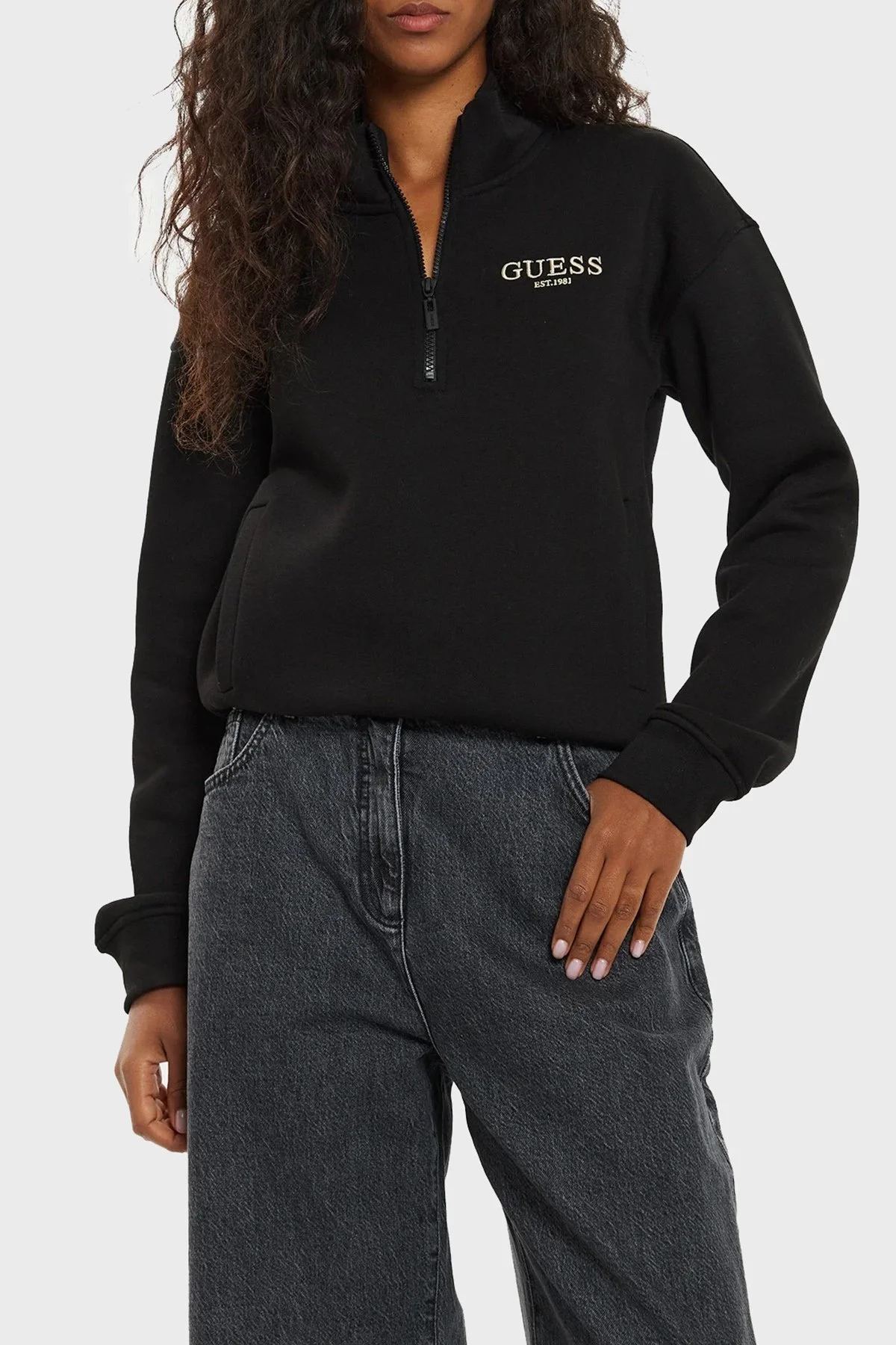 Guess Midge Pamuklu Regular Fit Yarım Fermuarlı Dik Yaka V4BQ18KCHX0 Bayan Sweat V4BQ18 KCHX0 JBLK SİYAH - 1