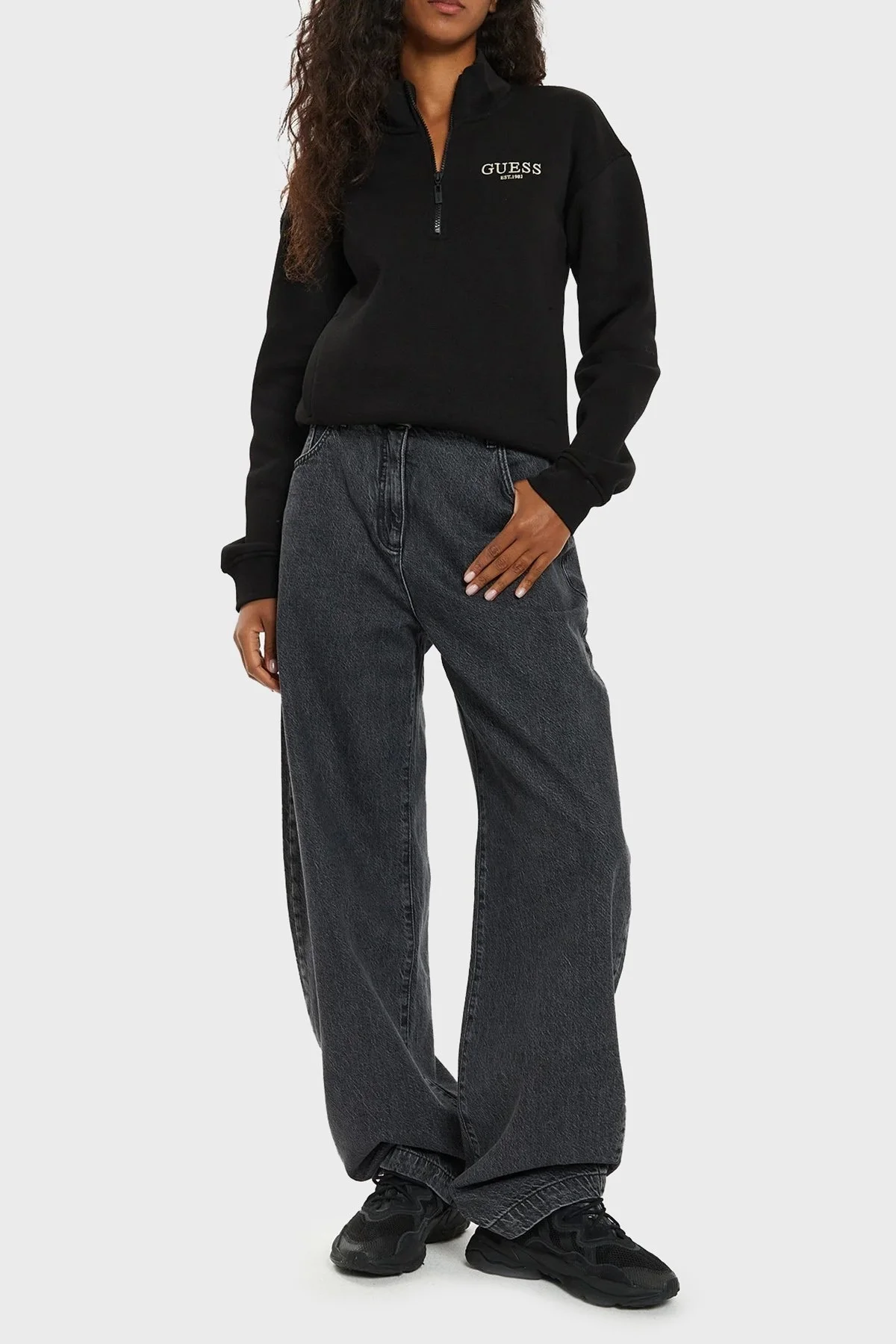 Guess Midge Pamuklu Regular Fit Yarım Fermuarlı Dik Yaka V4BQ18KCHX0 Bayan Sweat V4BQ18 KCHX0 JBLK SİYAH - 3