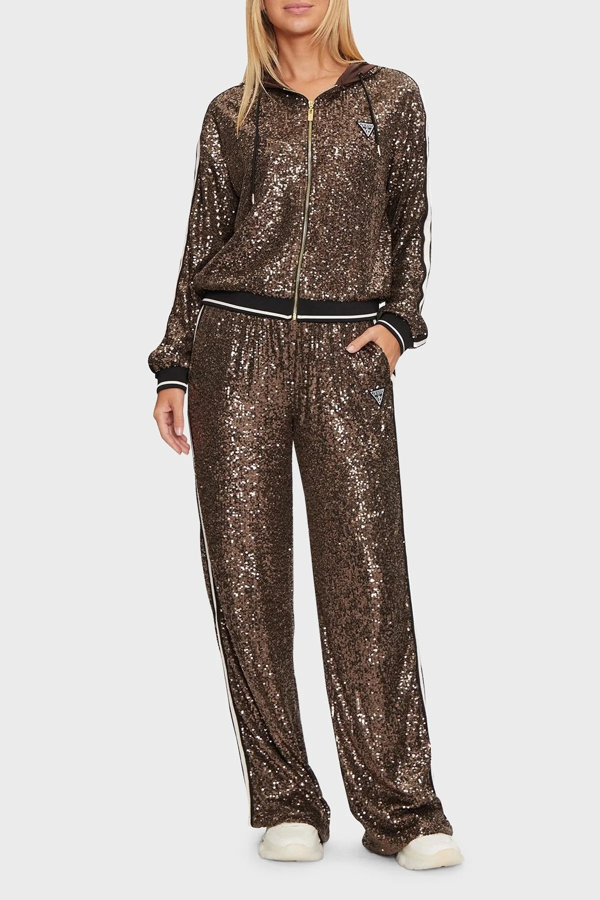 Guess Mini Sequins Payetli Regular Fit Kapüşonlu Yaka Crop V4BQ19KCI90 Bayan Sweat V4BQ19 KCI90 EAGR KAHVE - 7