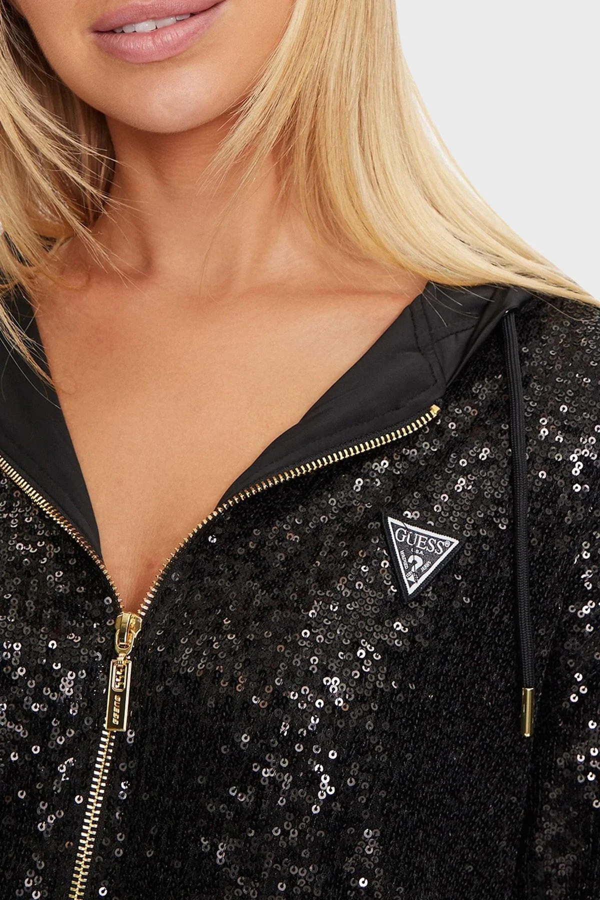 Guess Mini Sequins Payetli Regular Fit Kapüşonlu Yaka Crop V4BQ19KCI90 Bayan Sweat V4BQ19 KCI90 JBLK SİYAH - 4