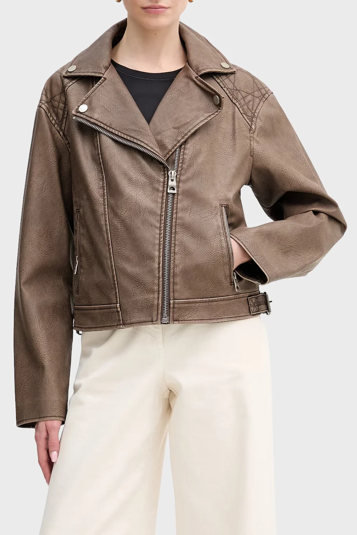 Guess Nada Slim Fit Kruvaze Yaka Kemer Detaylı Biker W6RL09WH1X0 Bayan Ceket W6RL09 WH1X0 G1EA KAHVE - 1