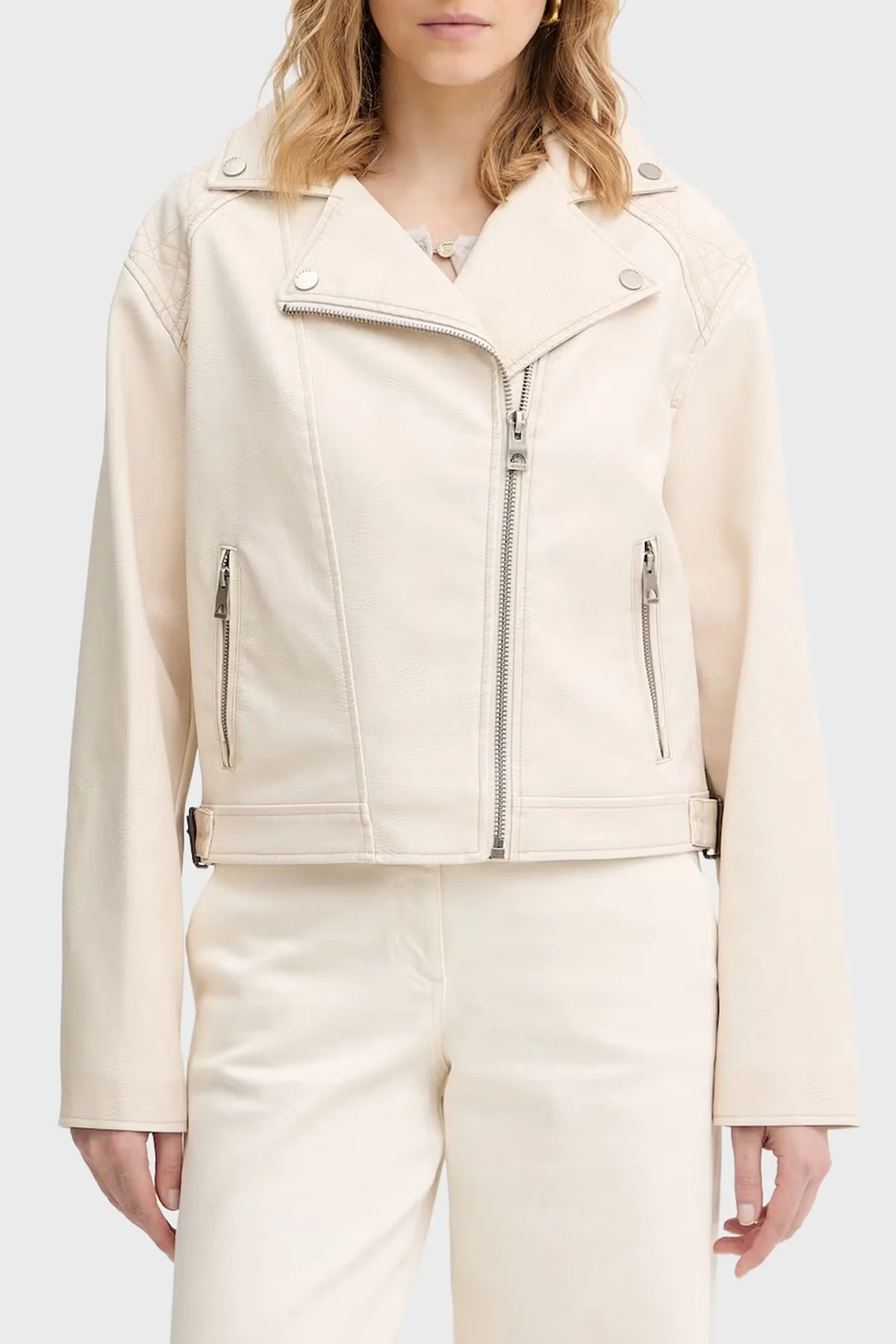 Guess Nada Slim Fit Kruvaze Yaka Kemer Detaylı Biker W6RL09WH1X0 Bayan Ceket W6RL09 WH1X0 G1FG BEJ - 1