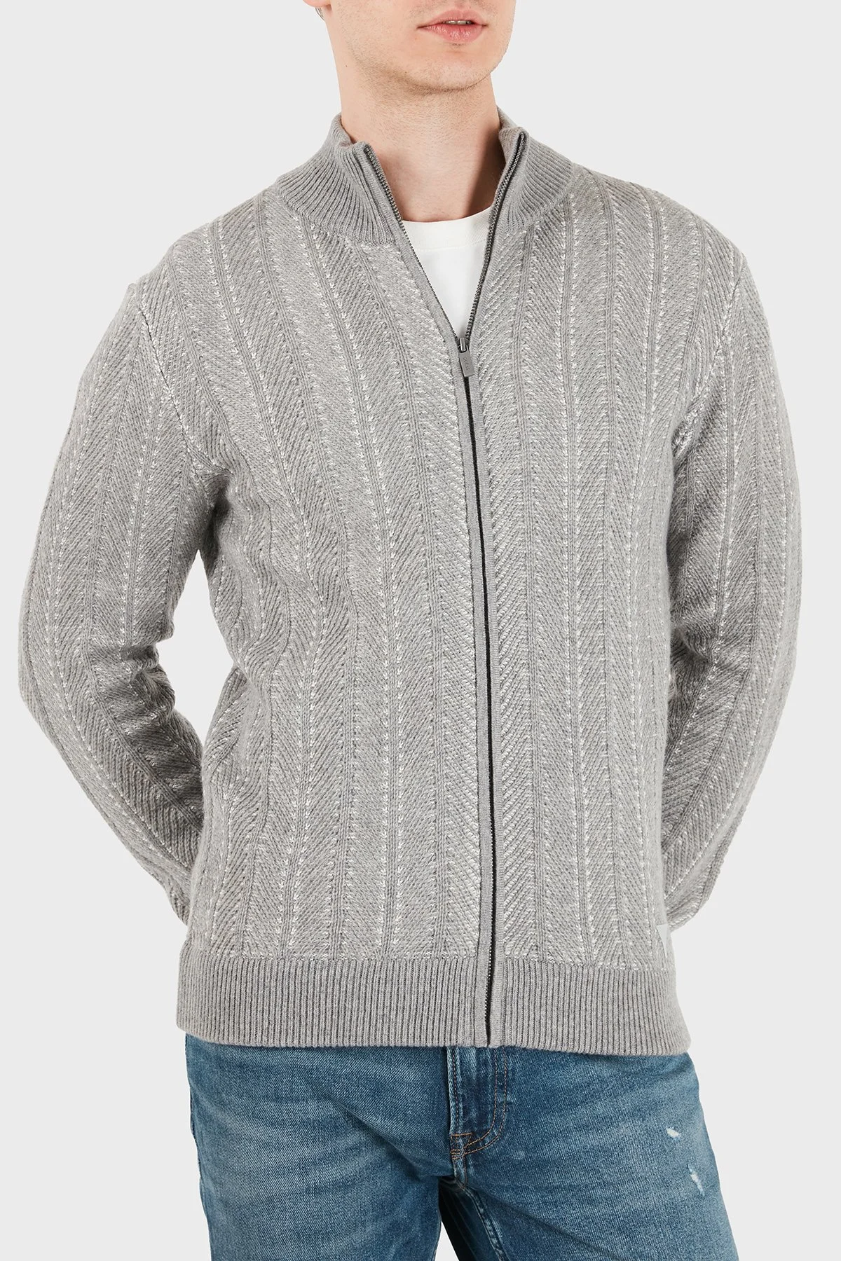 Guess Nash Herringbone Yün Karışımlı Dik Yaka Fermuarlı M6BR17Z1365 Erkek Kazak M6BR17 Z1365 FMKX Gri - 1