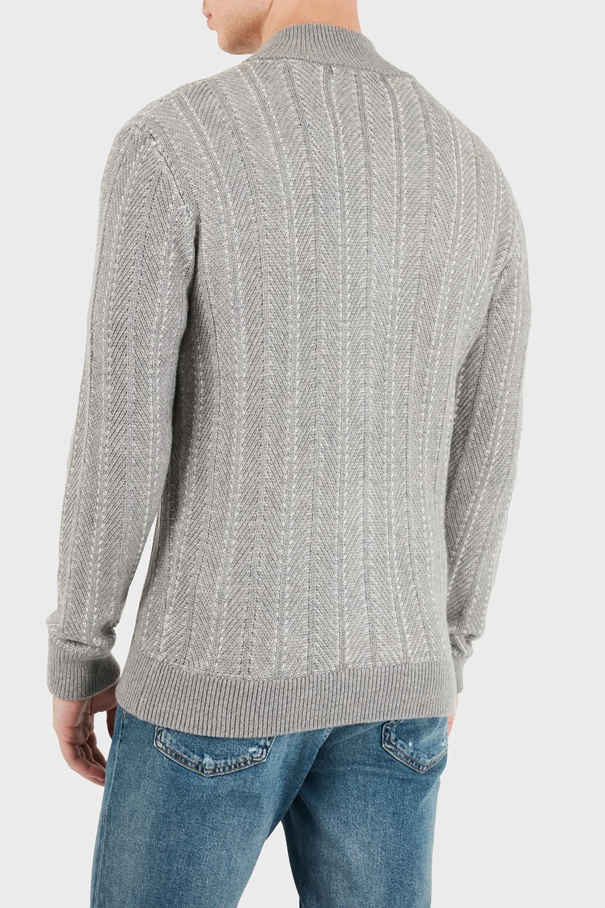 Guess Nash Herringbone Yün Karışımlı Dik Yaka Fermuarlı M6BR17Z1365 Erkek Kazak M6BR17 Z1365 FMKX Gri - 3