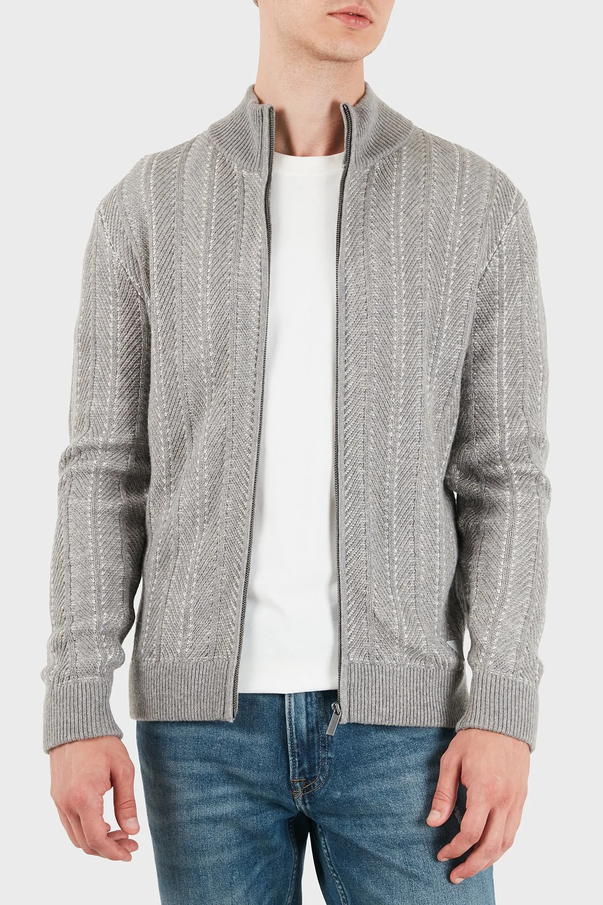 Guess Nash Herringbone Yün Karışımlı Dik Yaka Fermuarlı M6BR17Z1365 Erkek Kazak M6BR17 Z1365 FMKX Gri - 4