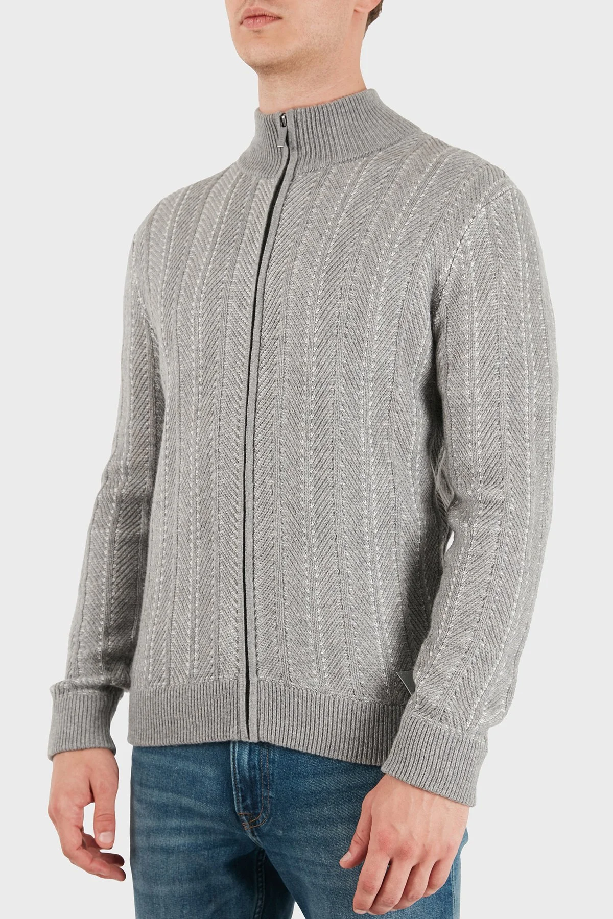Guess Nash Herringbone Yün Karışımlı Dik Yaka Fermuarlı M6BR17Z1365 Erkek Kazak M6BR17 Z1365 FMKX Gri - 5