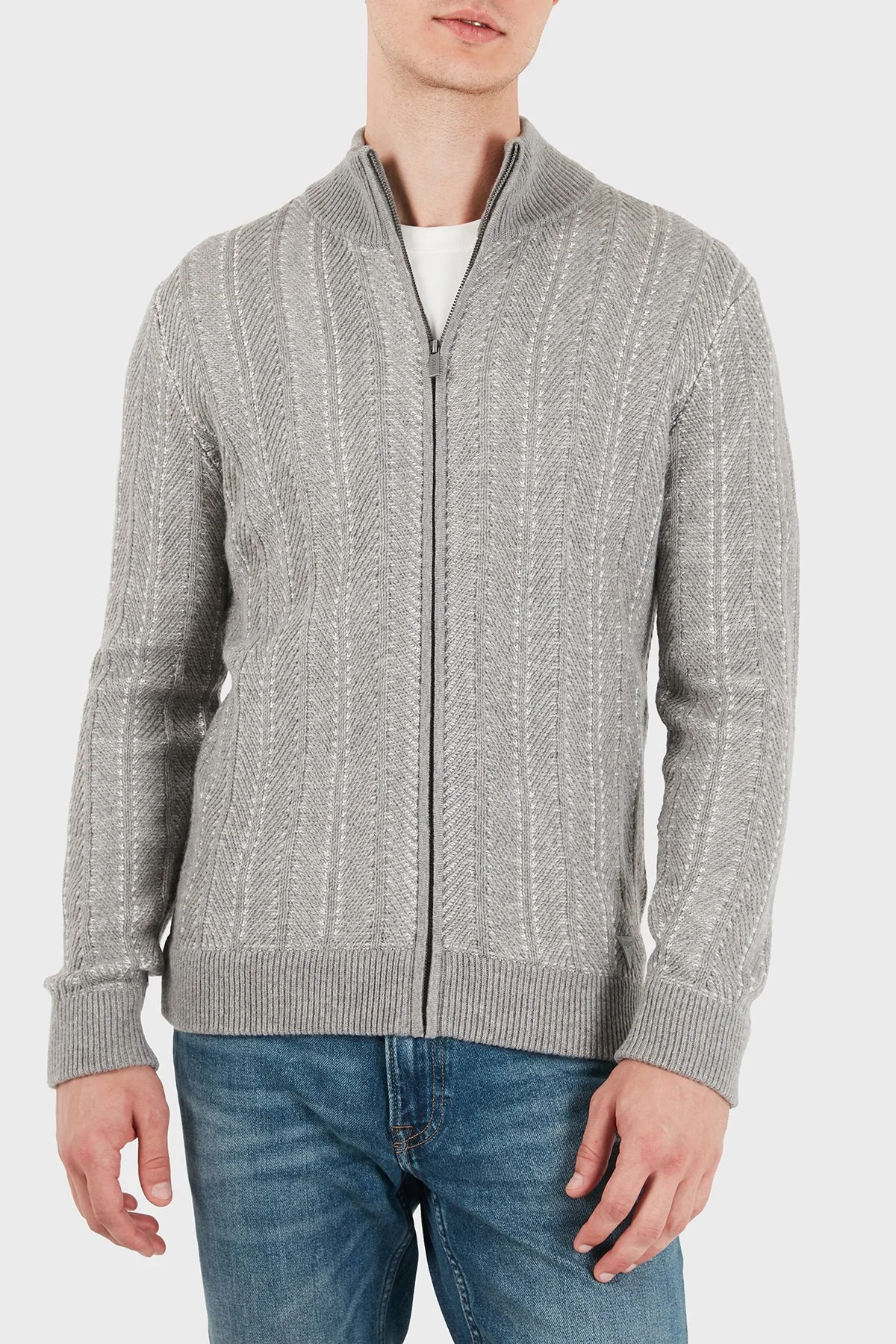 Guess Nash Herringbone Yün Karışımlı Dik Yaka Fermuarlı M6BR17Z1365 Erkek Kazak M6BR17 Z1365 FMKX Gri - 6