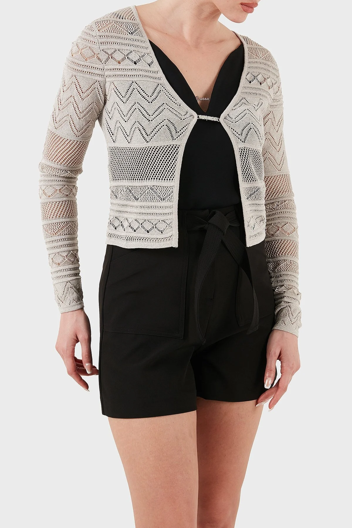 Guess Nellie Ajurlu Regular Fit V Yaka Simli Kısa W5GR15Z3E22 Bayan Hırka W5GR15 Z3E22 F97H GRİ - 11