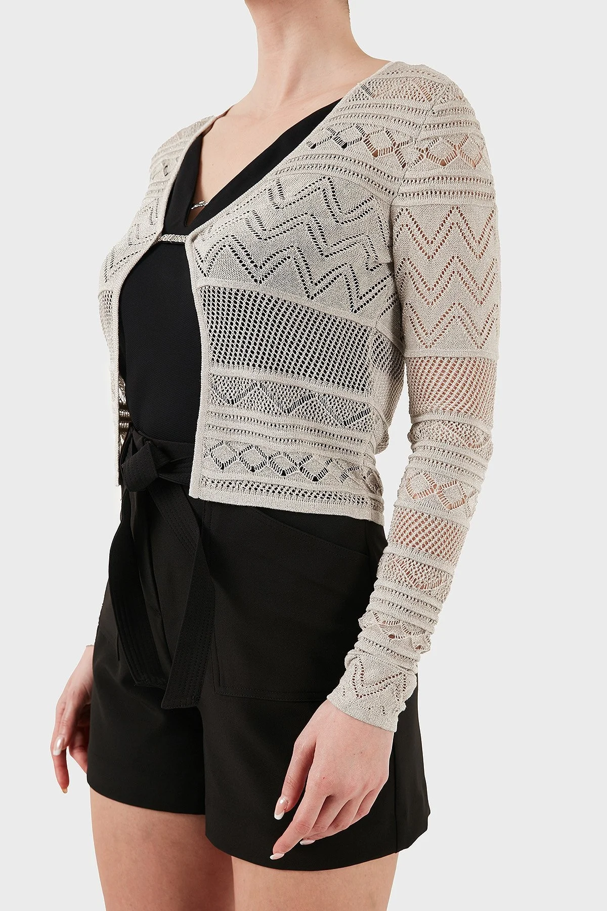 Guess Nellie Ajurlu Regular Fit V Yaka Simli Kısa W5GR15Z3E22 Bayan Hırka W5GR15 Z3E22 F97H GRİ - 12