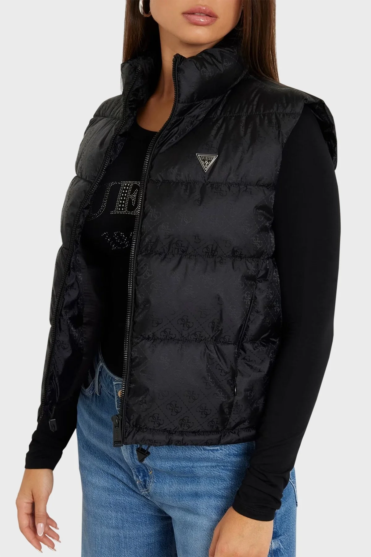 Guess New 4G Logo Crop Şişme W4YL15WGAL2 Bayan Yelek W4YL15 WGAL2 JBLK SİYAH - 4