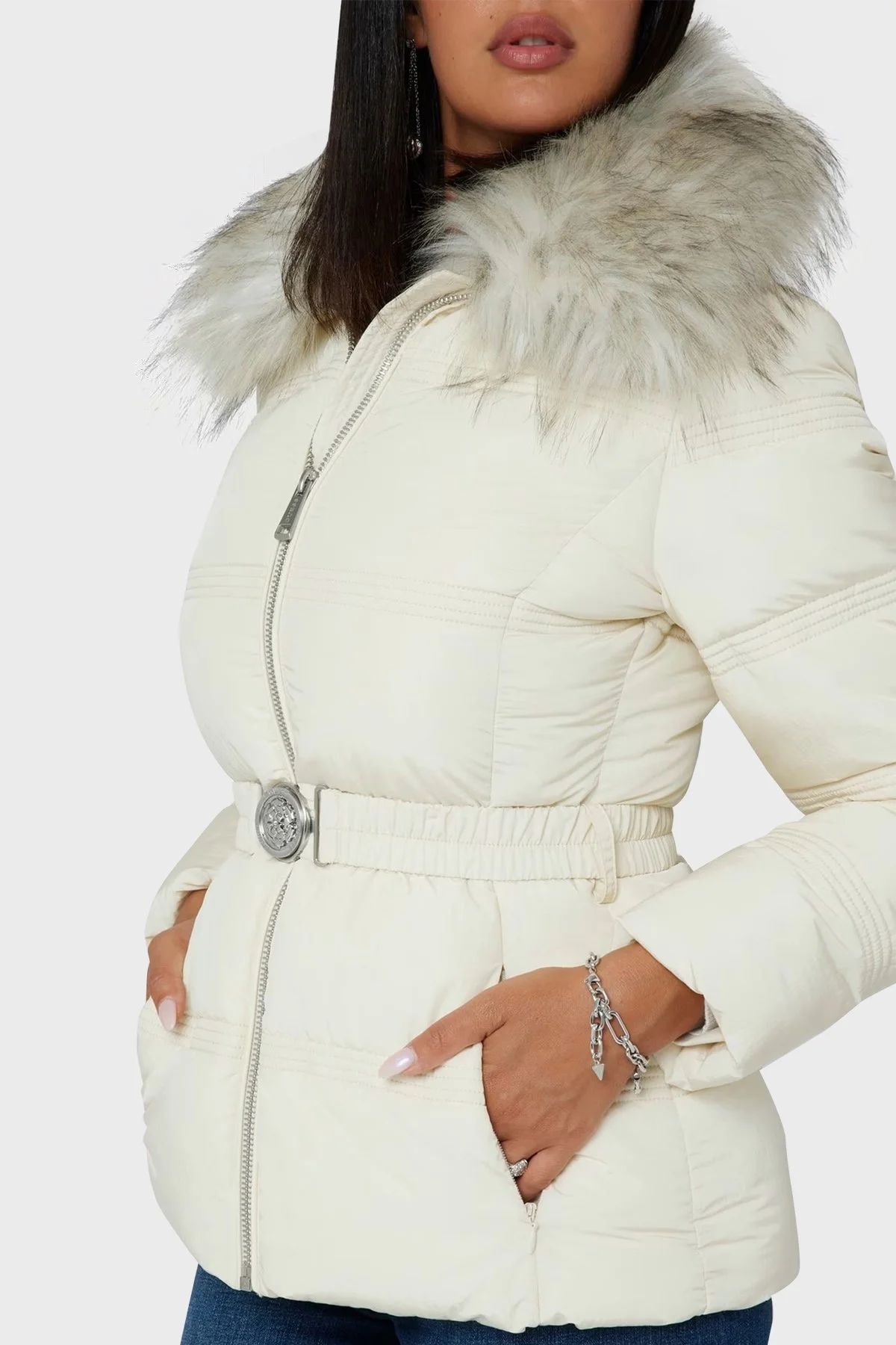 Guess New Marisol Slim Fit Suya Dayanıklı Dik Yaka Şişme W4BL43WGK22 Bayan Mont W4BL43 WGK22 G1CV EKRU - 8