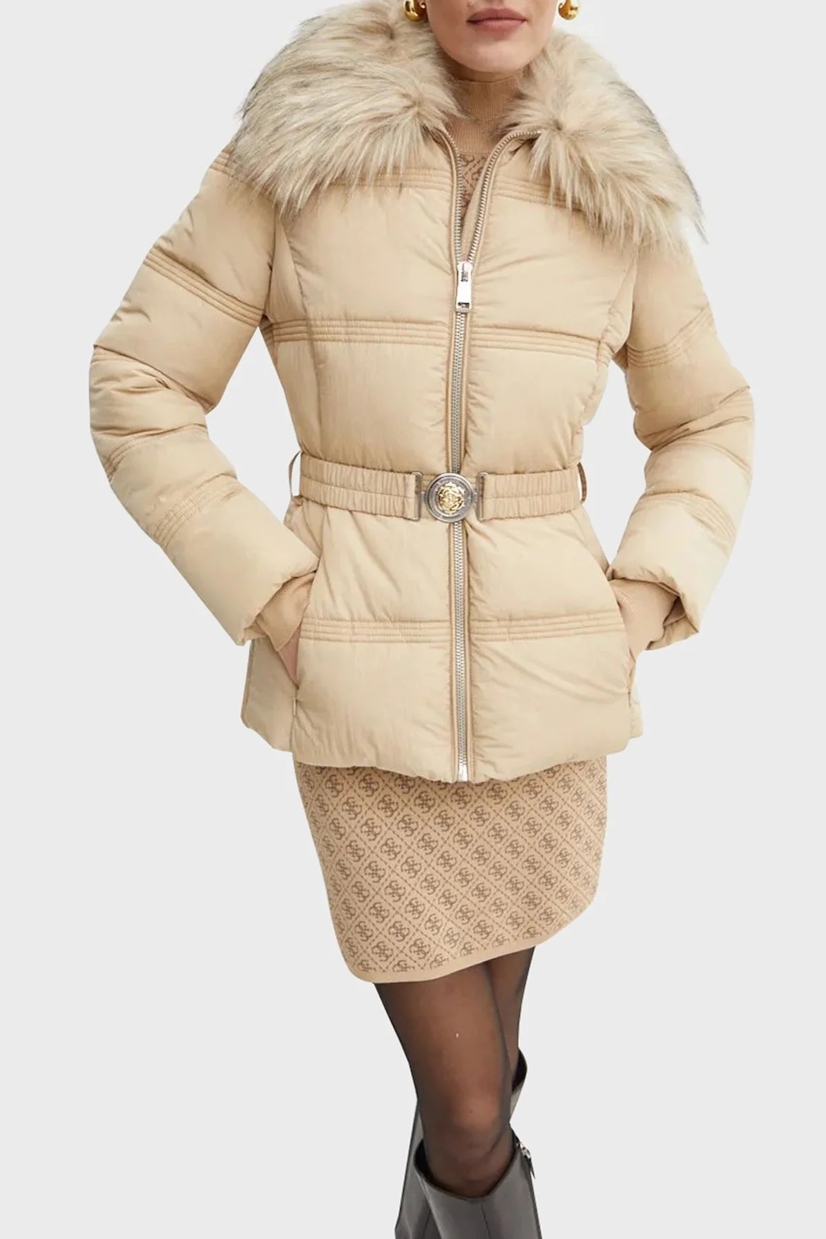Guess New Marisol Slim Fit Suya Dayanıklı Kürklü Şişme W4BL43WGK22 Bayan Mont W4BL43 WGK22 F14Z BEJ - 9